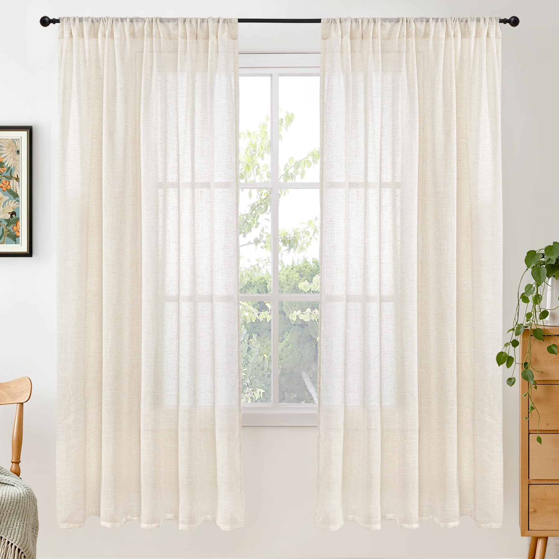 BGment 90 Inches Long Curtains Linen Semi Sheer, Light Filtering Window Treatments Drapes with Rod Pocket Lightweight for Living Room Bedroom, 2 Panels, 52 Inch Wide Each Panel