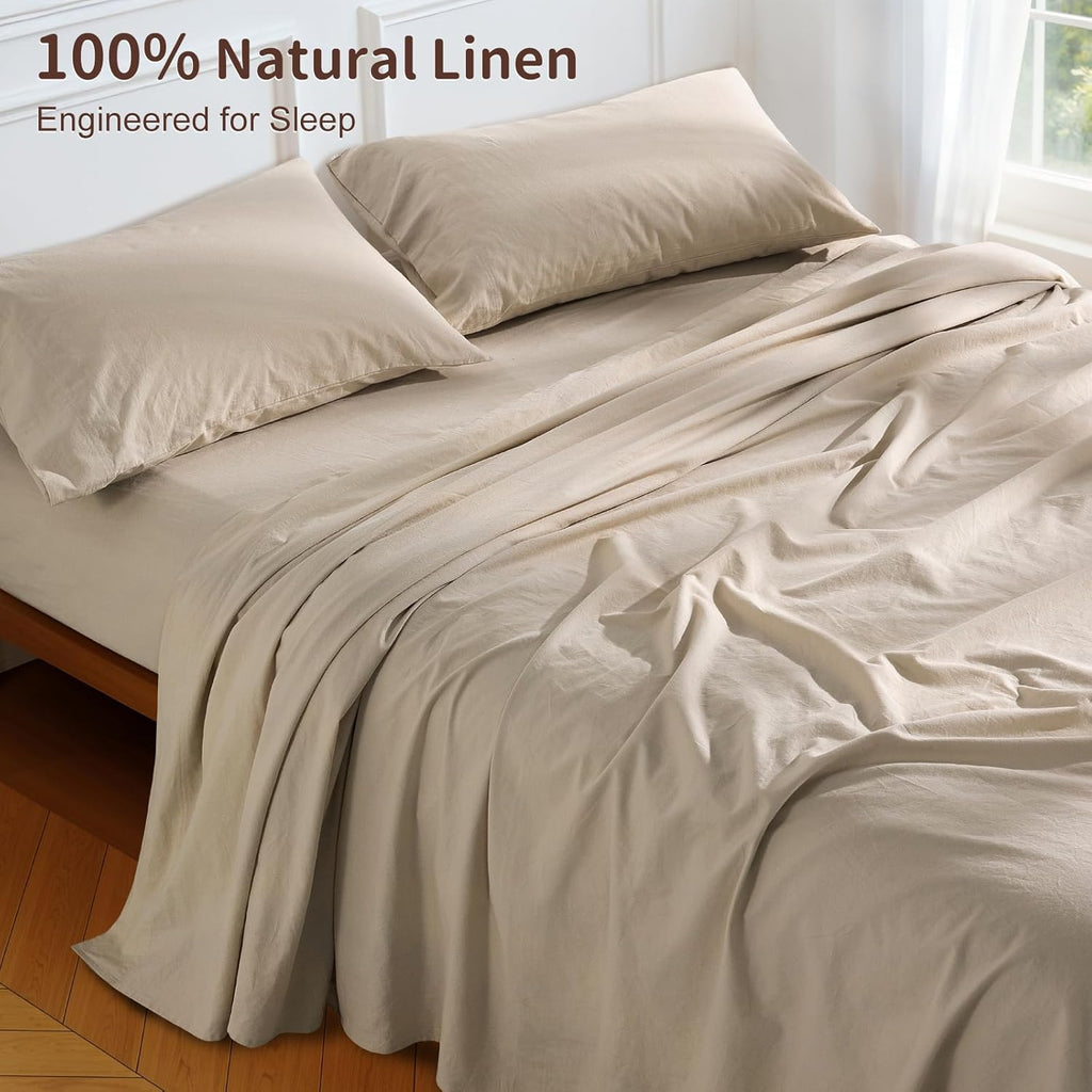 100% French Pure Linen Sheets Queen Size, Breathable, Soft and Durable Pure Linen Sheets, Anti-Tear Linen Bed Sheets, 16 Inch Deep Pocket - 4 PC (Linen,Queen)