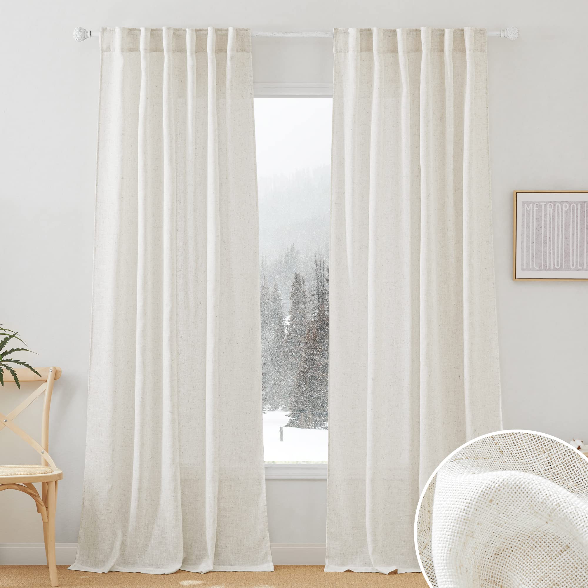 RYB HOME Linen Sheer Curtains and Drapes for Living Room 108 inches Length, Breathable Back Tab/Rod Pocket Semi Sheer Curtains, Oatmeal, W 52 x L 108 inches, 2 Panels Set