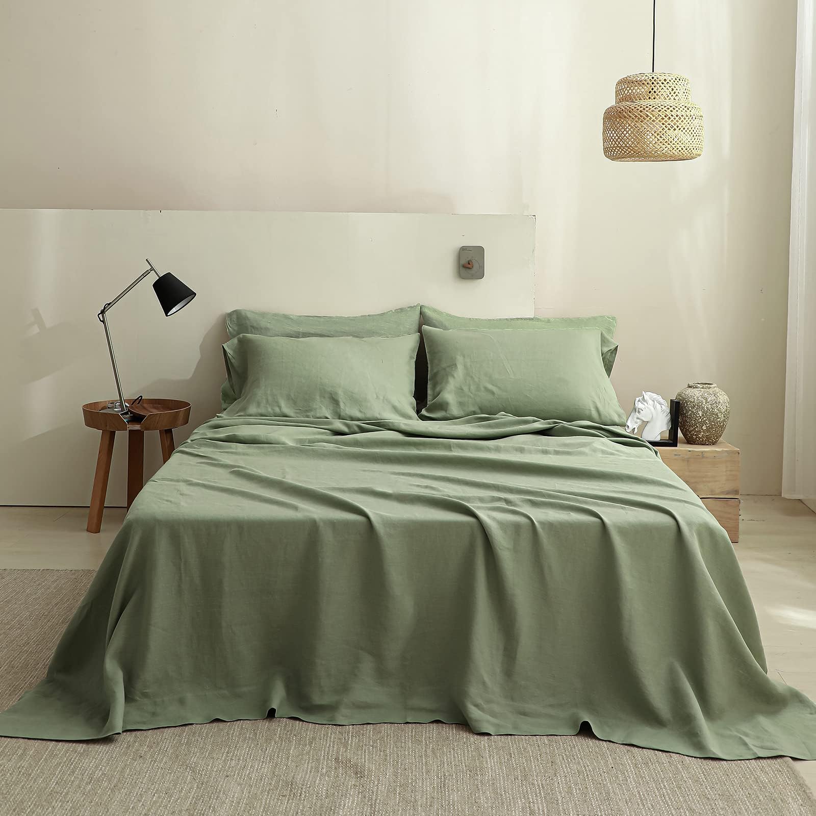 Simple&Opulence 100% Linen Sheets Queen Size Set, 4 Pcs Natural French Linen Bed Sheets, Breathable Soft Durable Bedding Set for All Season (Classic Blue, Queen)