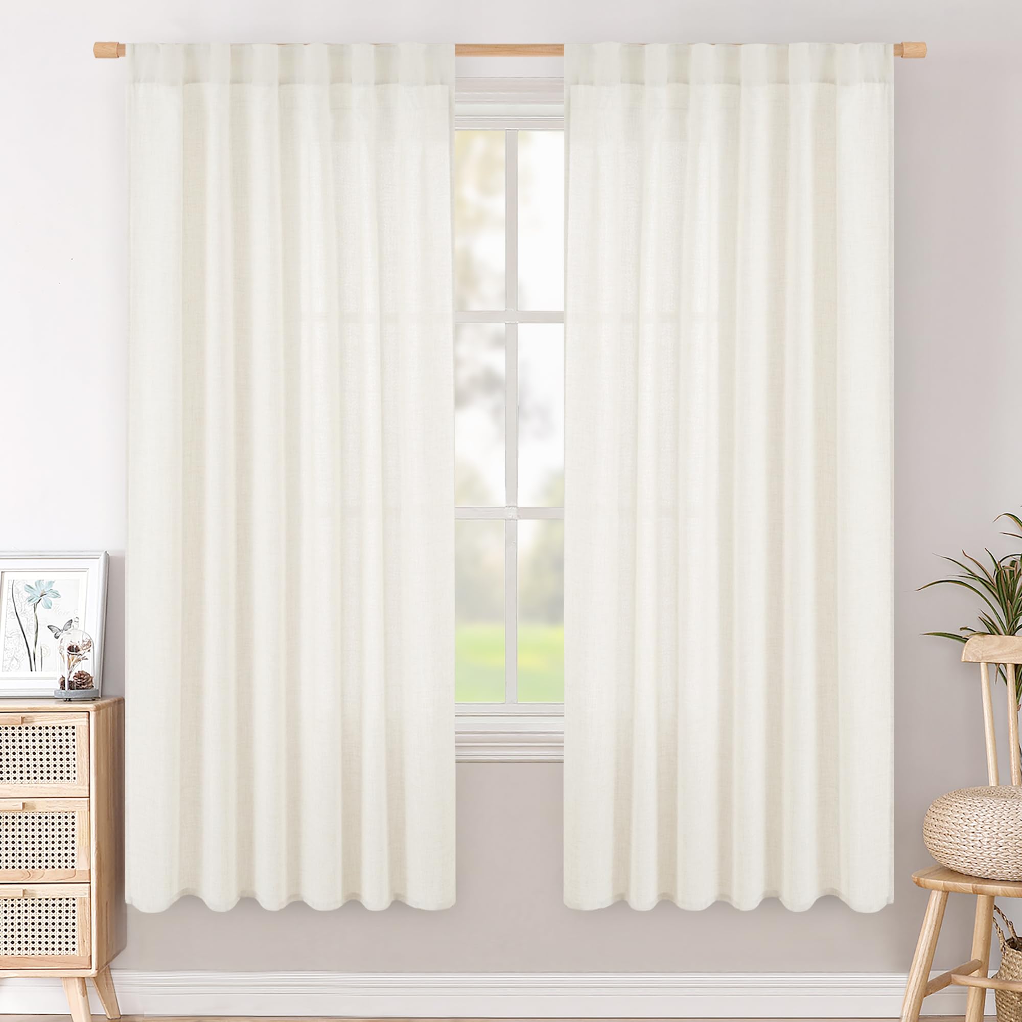 BGment Natural Linen Semi Sheer Curtains 96 Inch Length 2 Panels for Living Room, Beige Light Filtering Window Drapes with Rod Pocket Back Tab Extre Long for Dining Bedroom, 52 X 96 Inch