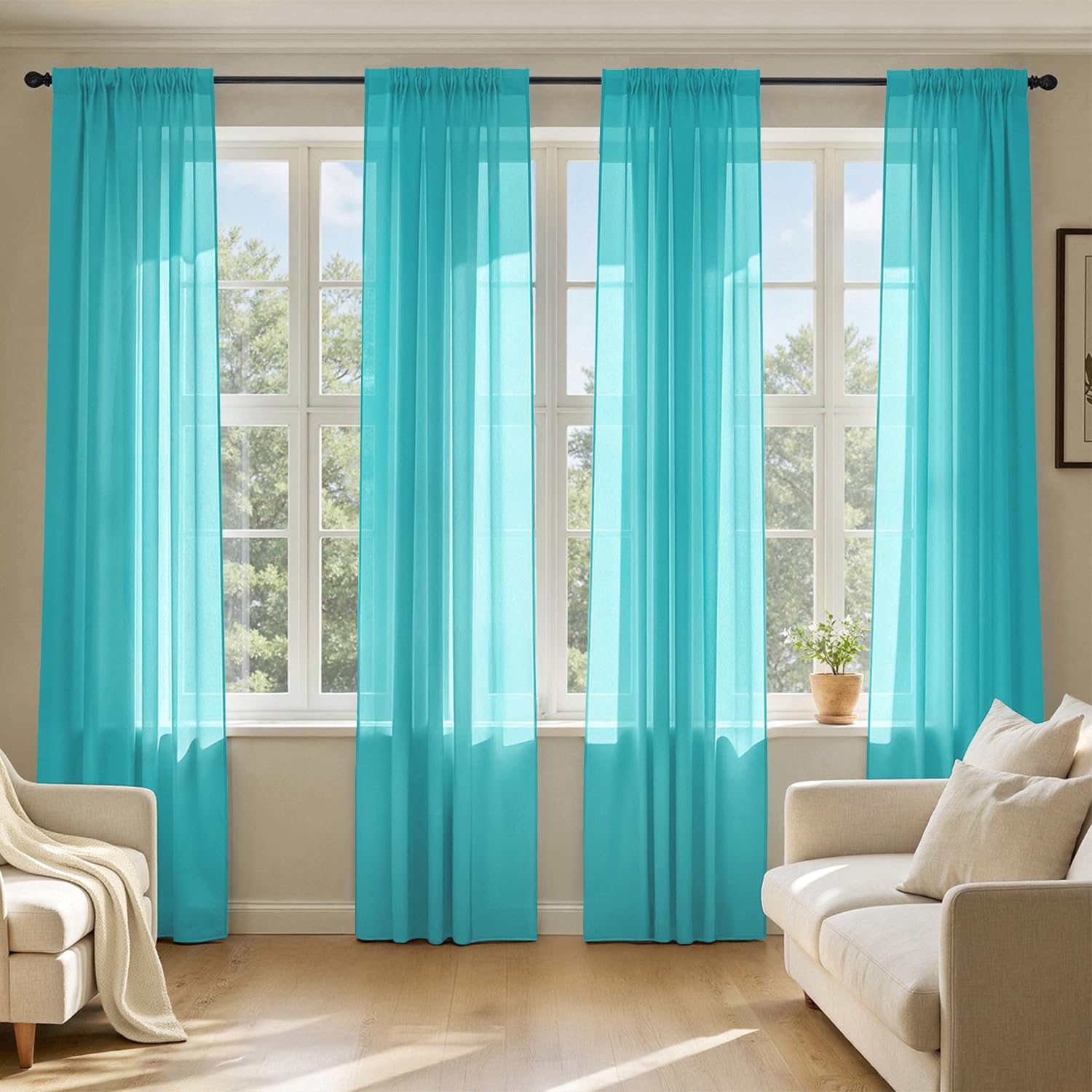 MIULEE Butter Cream Sheer Curtains 96 Inches Long, 4 Panels Set, Rod Pocket Voile Drapes Light Filtering and Semi Transparent, Elegant Window Treatments for Bedroom Living Room,42 x 96 Inches