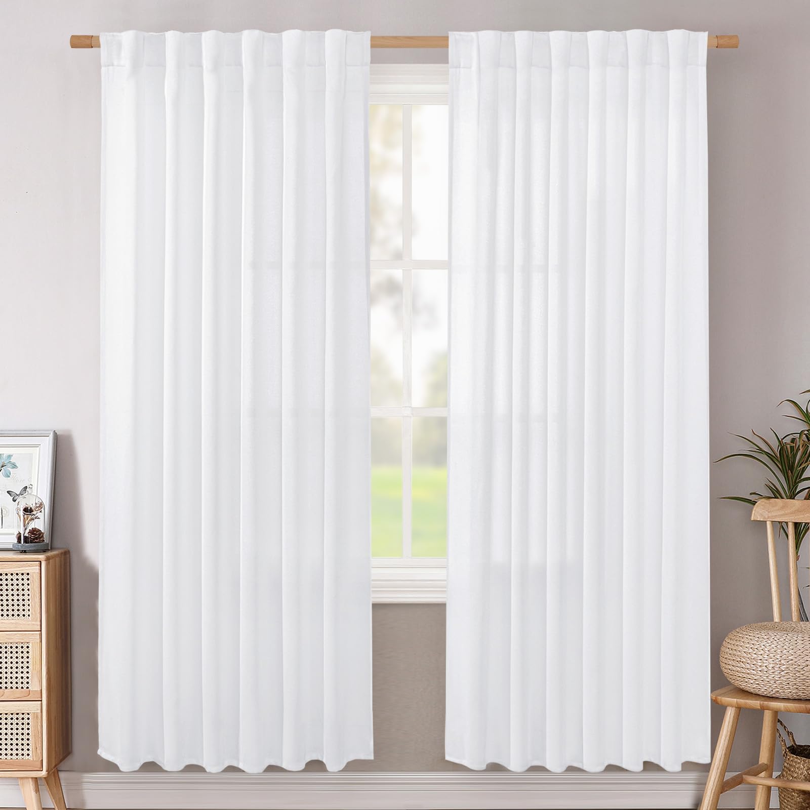 BGment Natural Linen Semi Sheer Curtains 96 Inch Length 2 Panels for Living Room, Beige Light Filtering Window Drapes with Rod Pocket Back Tab Extre Long for Dining Bedroom, 52 X 96 Inch