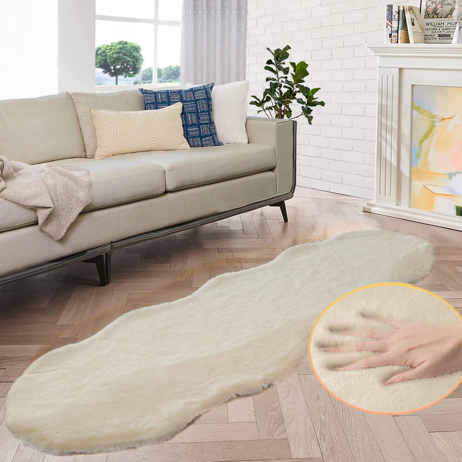 ORINOVA White Faux Rabbit Fluffy Fur Rugs for Bedroom Machine Washable Furry Area Rugs for Living Room Smal 2x4 Shag Runner Rug Nursery Rug