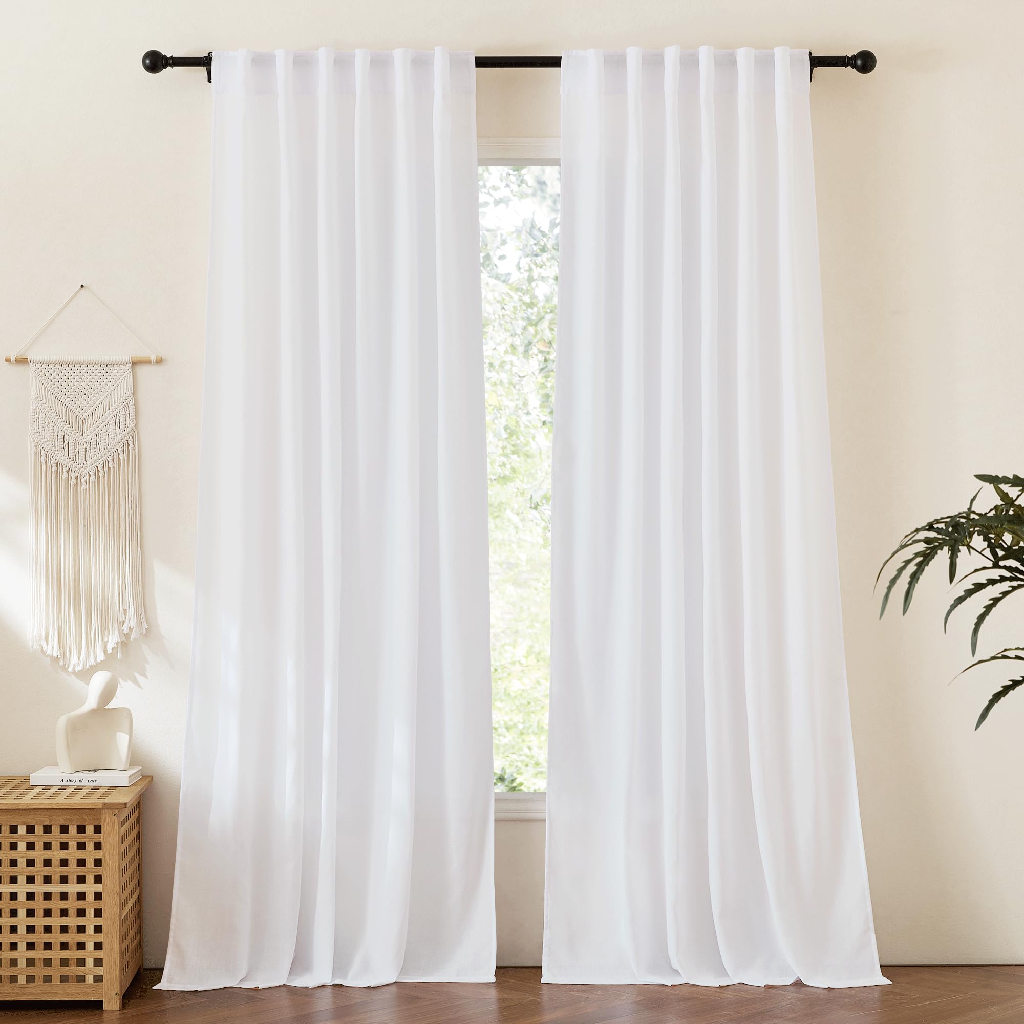 RYB HOME Linen Sheer Curtains and Drapes for Living Room 108 inches Length, Breathable Back Tab/Rod Pocket Semi Sheer Curtains, Oatmeal, W 52 x L 108 inches, 2 Panels Set