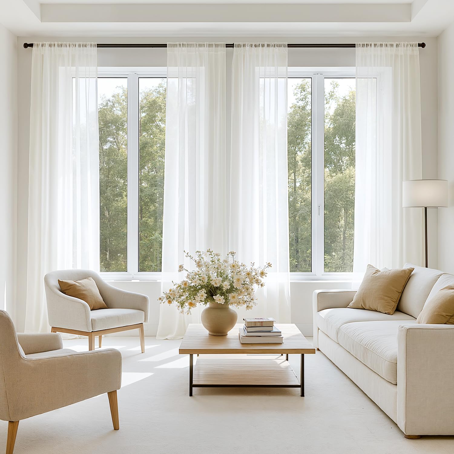 MIULEE Butter Cream Sheer Curtains 96 Inches Long, 4 Panels Set, Rod Pocket Voile Drapes Light Filtering and Semi Transparent, Elegant Window Treatments for Bedroom Living Room,42 x 96 Inches