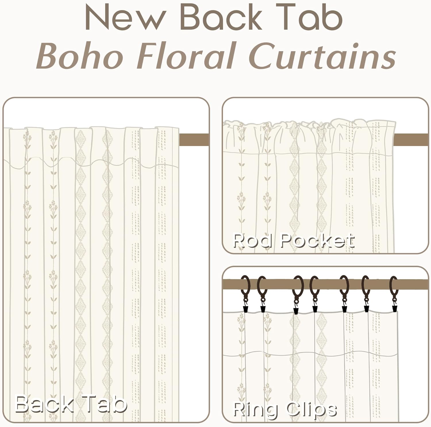Linen Farmhouse Curtains for Living Room, Neutral Taupe Cream Light Filtering Boho Sheer Floral Patterned Curtains for Dining Room Bedroom 84 Inch Length 2 Panels Set