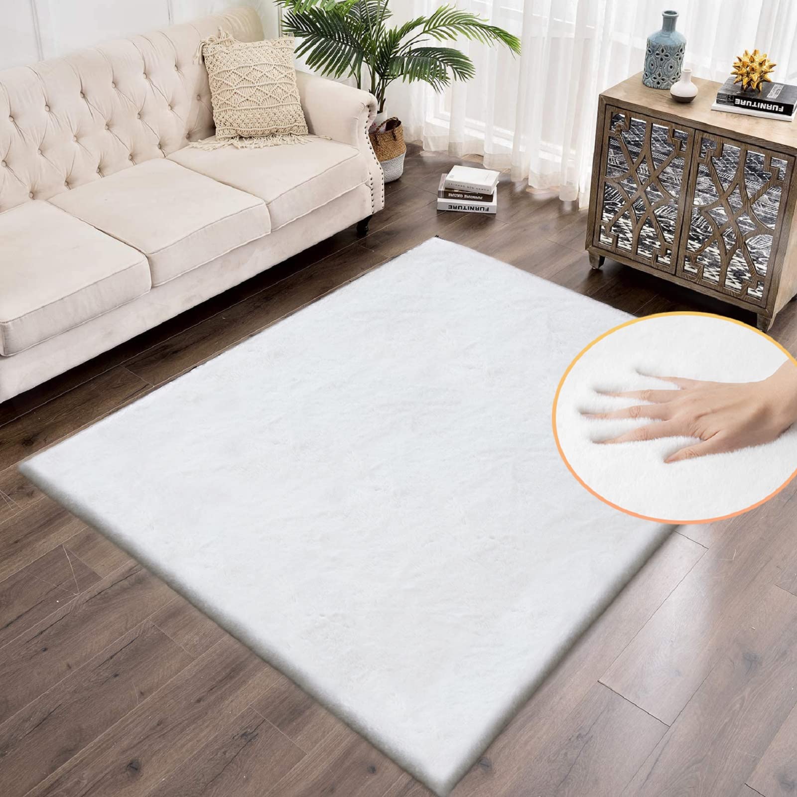 ORINOVA White Faux Rabbit Fluffy Fur Rugs for Bedroom Machine Washable Furry Area Rugs for Living Room Smal 2x4 Shag Runner Rug Nursery Rug