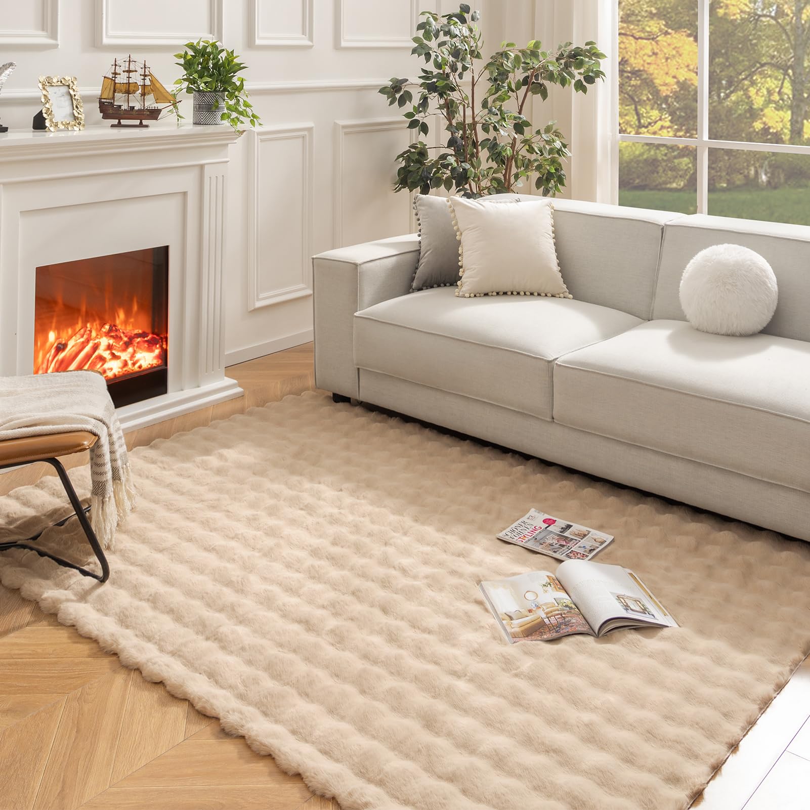 Ashler Faux Rabbit Fur Rug, Light Grey 3x5 FT Fluffy Soft Area Rugs, Rectangle Fuzzy Carpet for Living Room, Bedroom, Machine Washable Rug - 3D Bubble Mat