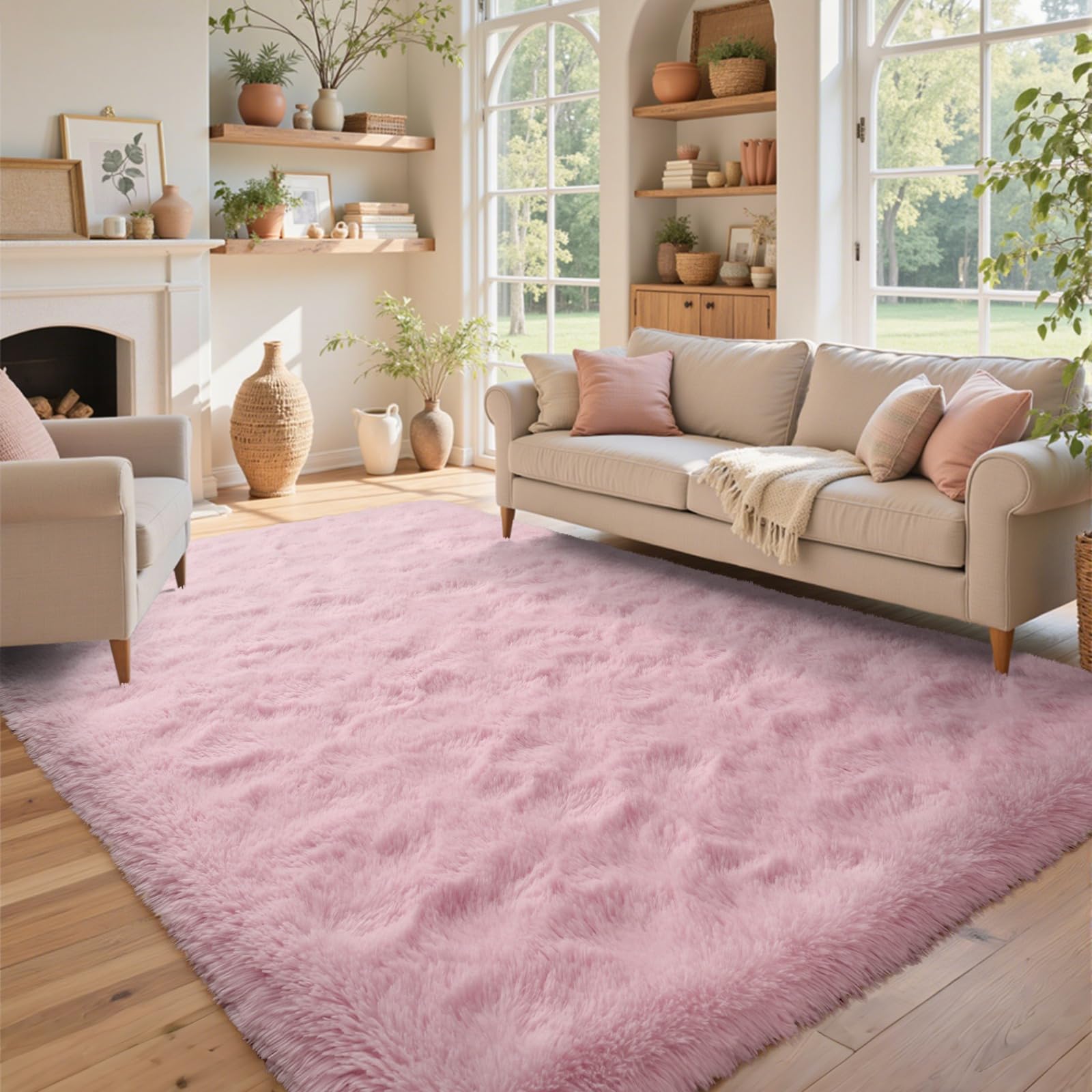 5×7ft Grey Fluffy Tie-Dyed Rug, Soft Shag Carpet for Home Decor