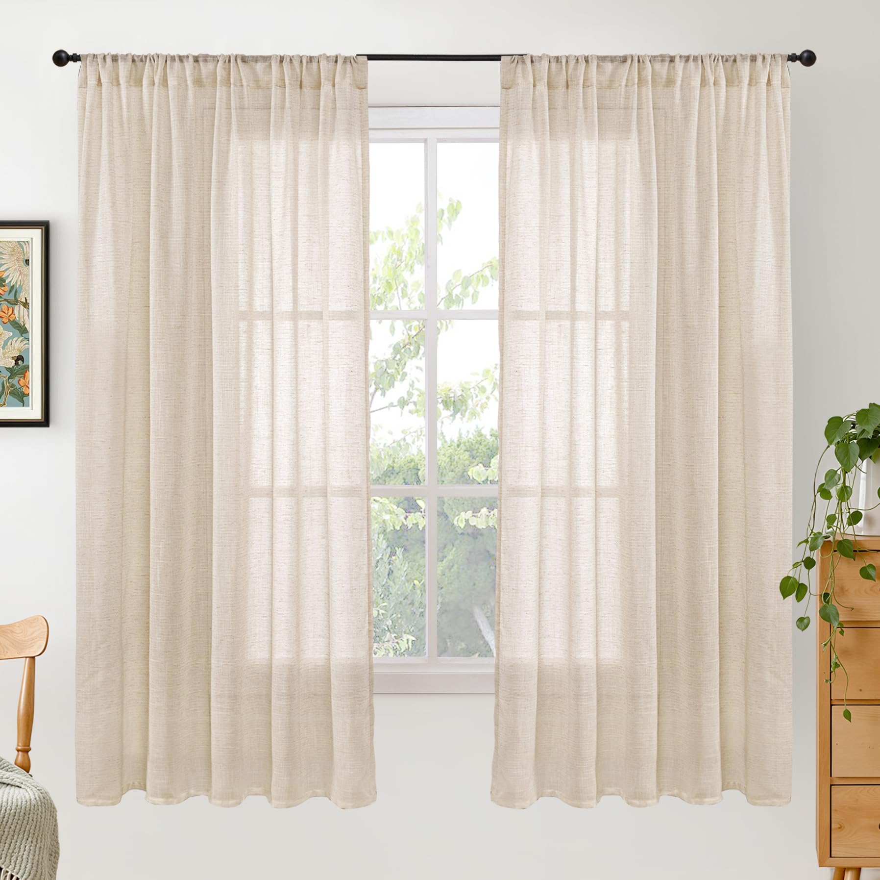 BGment 90 Inches Long Curtains Linen Semi Sheer, Light Filtering Window Treatments Drapes with Rod Pocket Lightweight for Living Room Bedroom, 2 Panels, 52 Inch Wide Each Panel