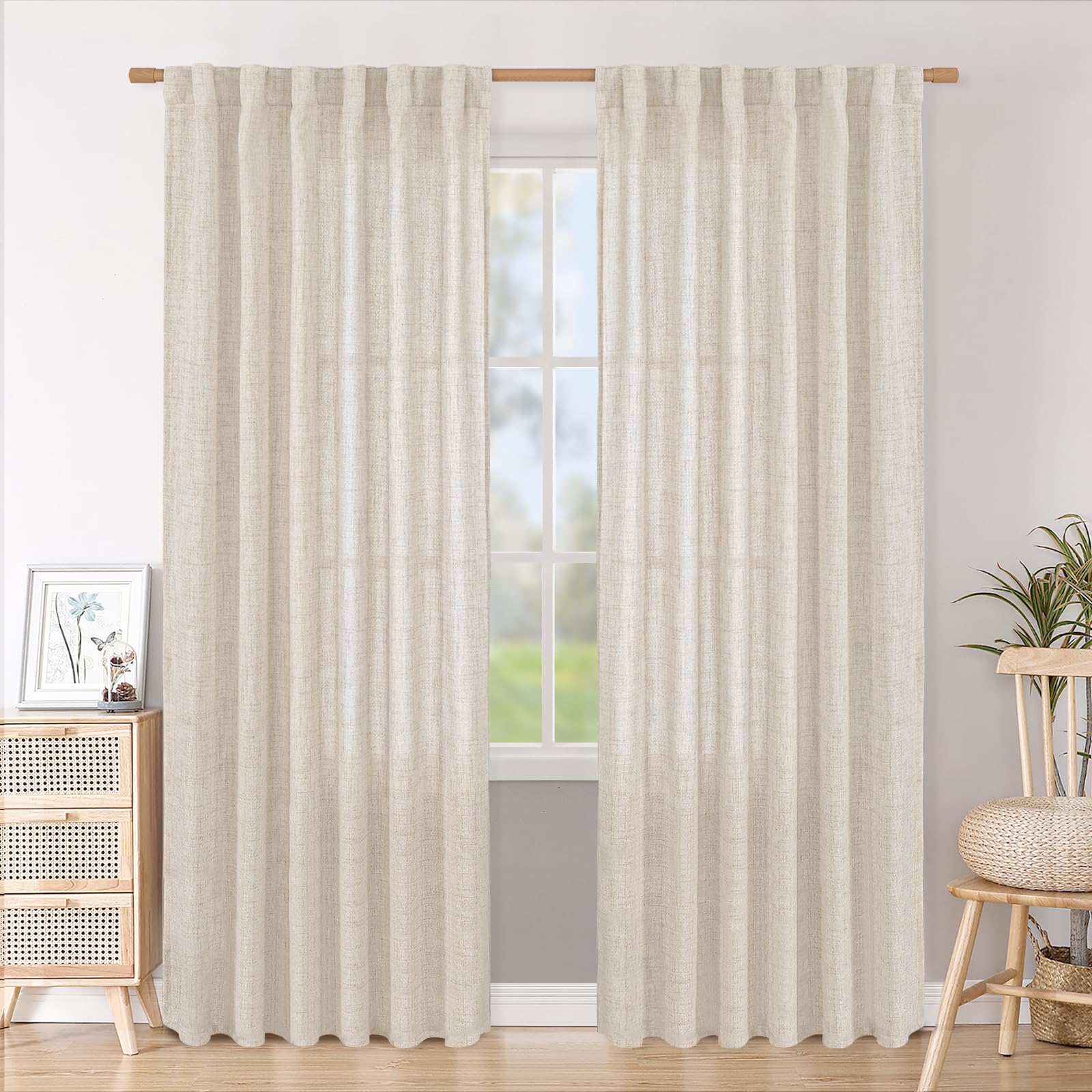 BGment Natural Linen Semi Sheer Curtains 96 Inch Length 2 Panels for Living Room, Beige Light Filtering Window Drapes with Rod Pocket Back Tab Extre Long for Dining Bedroom, 52 X 96 Inch