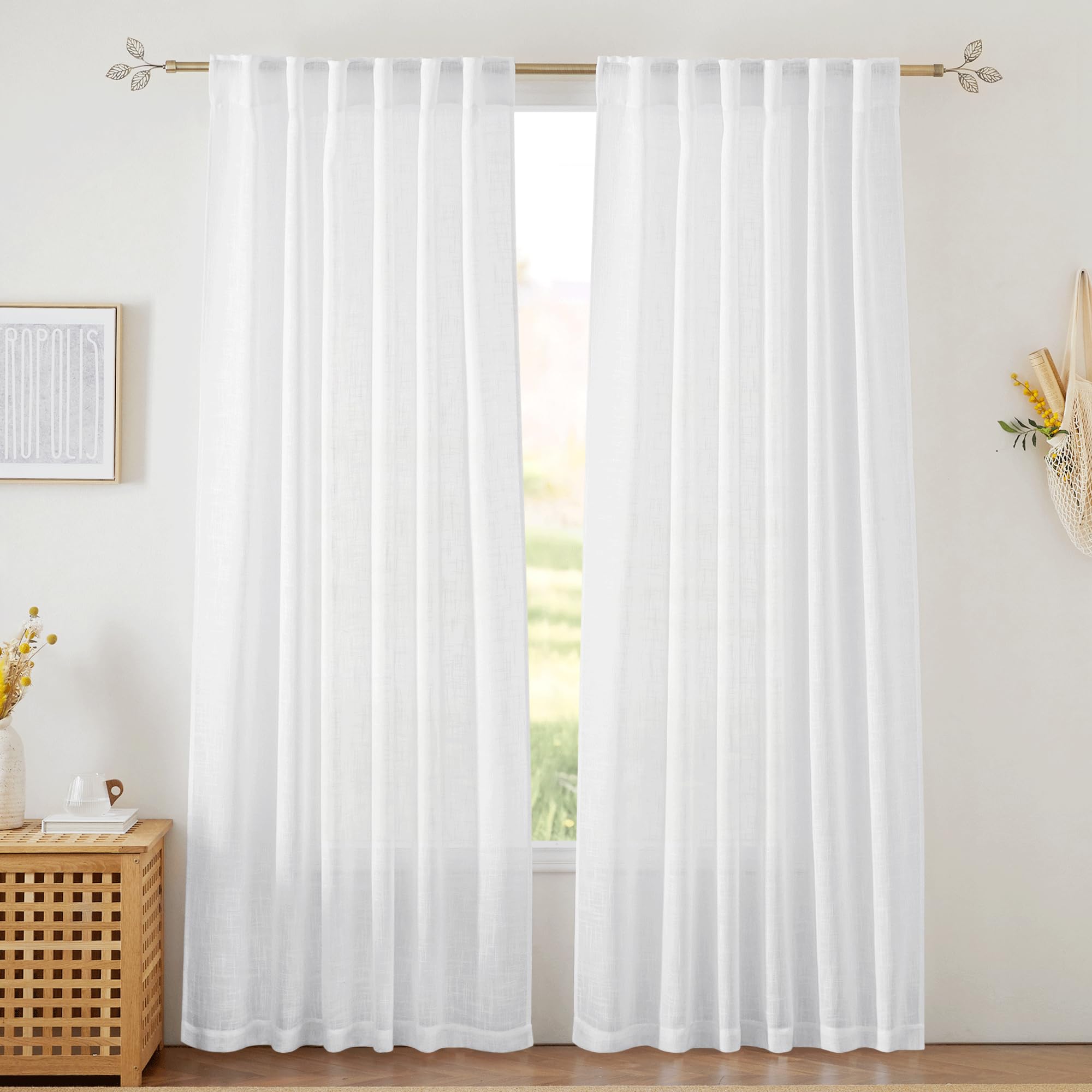 RYB HOME Linen Sheer Curtains and Drapes for Living Room 108 inches Length, Breathable Back Tab/Rod Pocket Semi Sheer Curtains, Oatmeal, W 52 x L 108 inches, 2 Panels Set