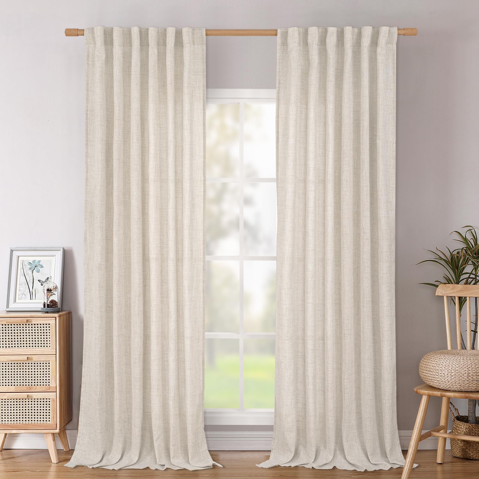 BGment Natural Linen Semi Sheer Curtains 96 Inch Length 2 Panels for Living Room, Beige Light Filtering Window Drapes with Rod Pocket Back Tab Extre Long for Dining Bedroom, 52 X 96 Inch