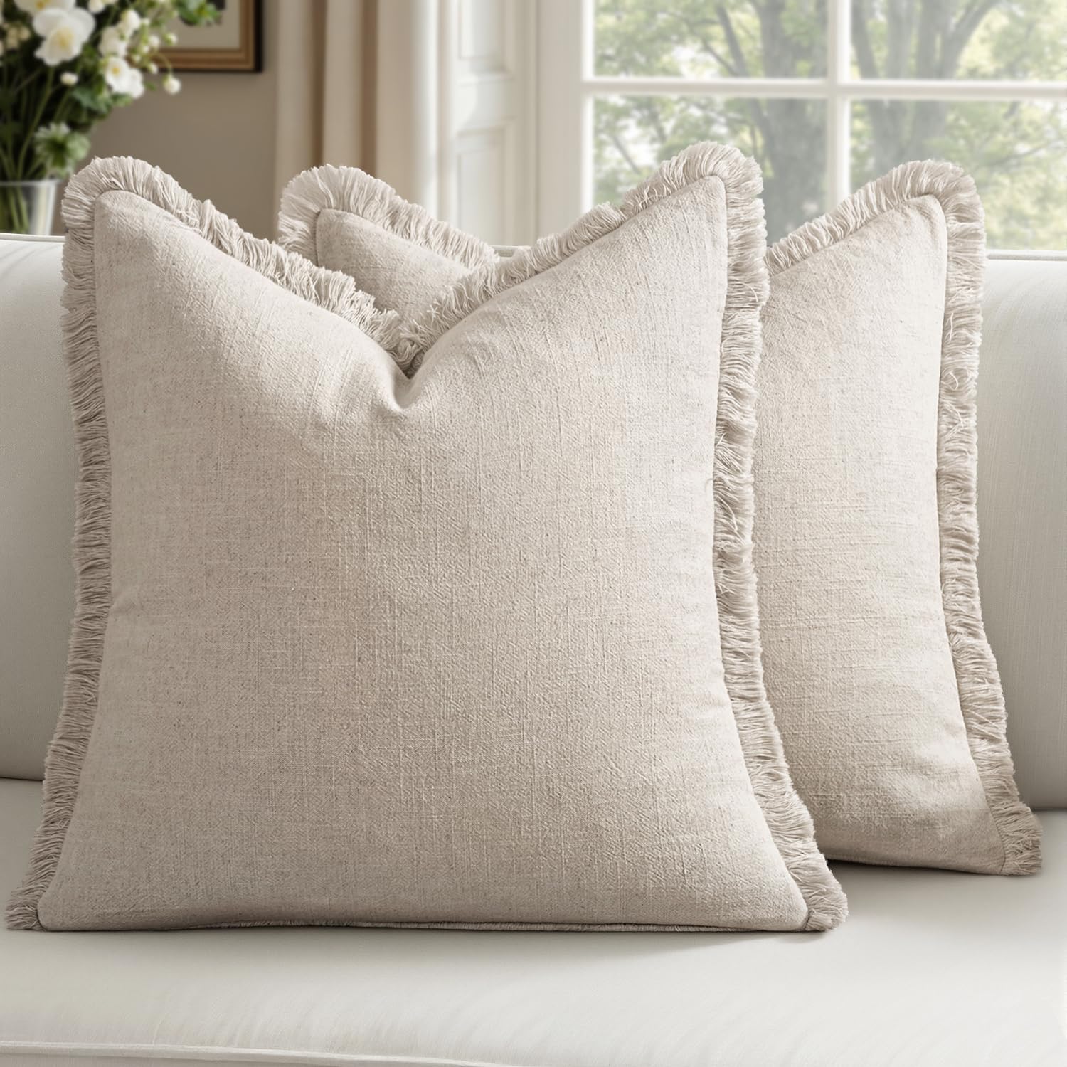 Decorative Linen Fringe Throw Pillow Covers Boho Farmhouse Soft Euro Accent Pillowcases with Tassels for Bed Couch Sofa Living Room Bedroom,24x24 Inch Set of 2,Brown