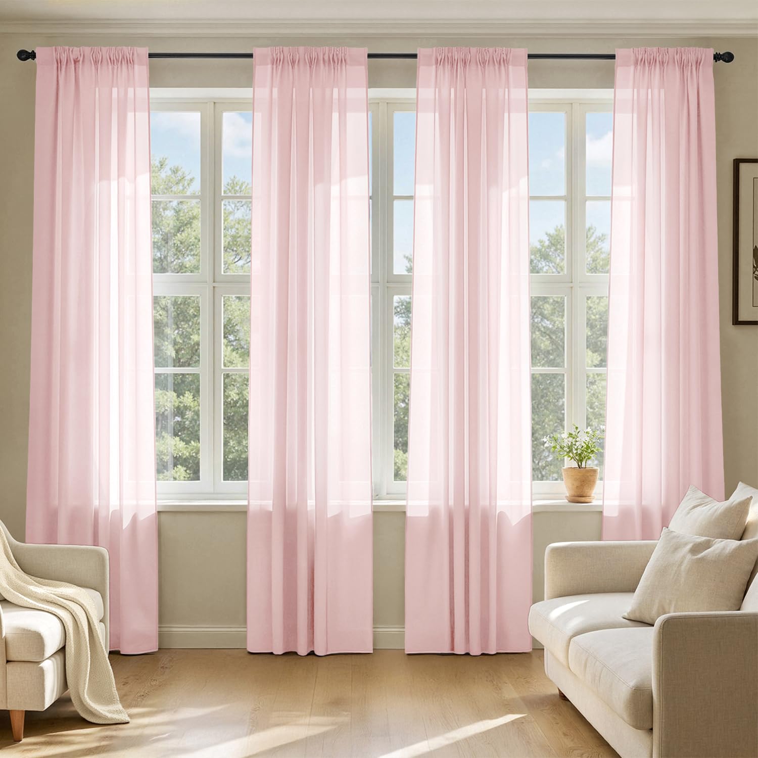 MIULEE Butter Cream Sheer Curtains 96 Inches Long, 4 Panels Set, Rod Pocket Voile Drapes Light Filtering and Semi Transparent, Elegant Window Treatments for Bedroom Living Room,42 x 96 Inches