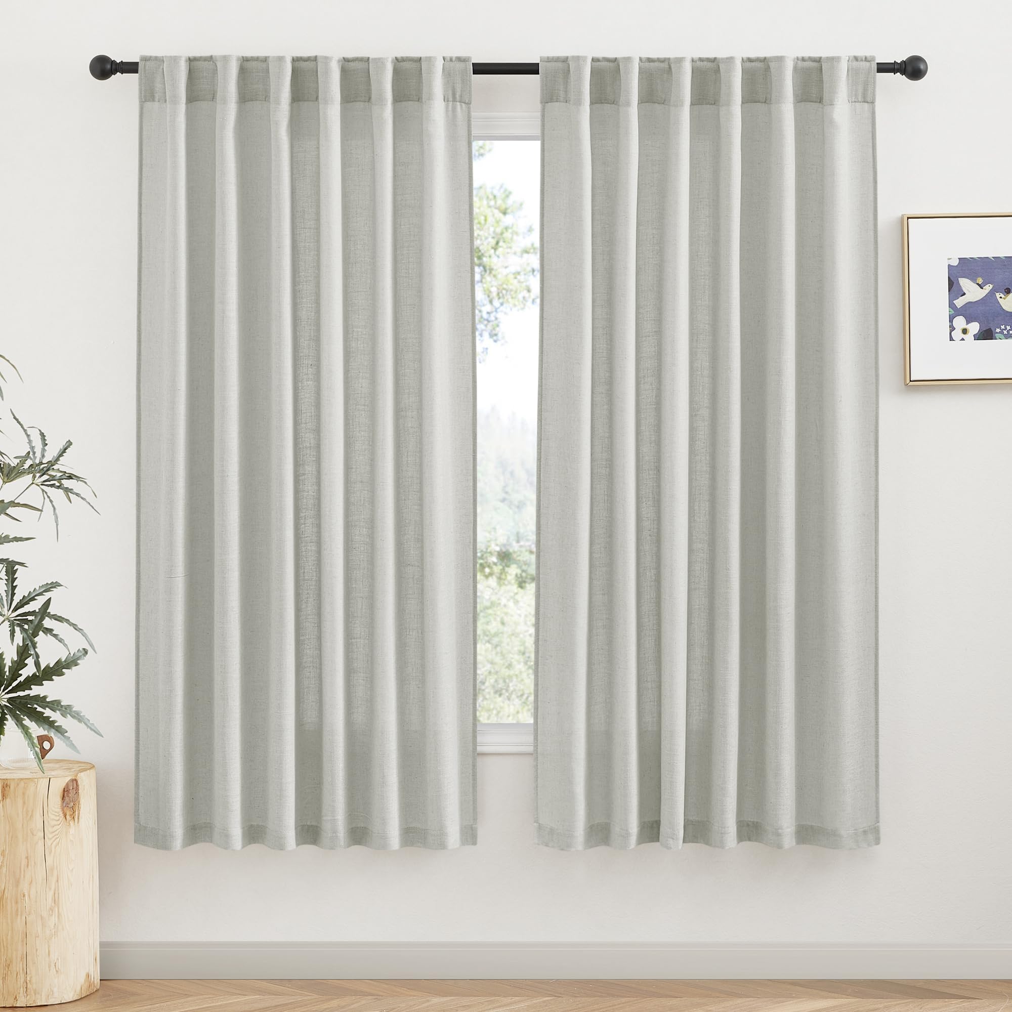 RYB HOME Linen Sheer Curtains and Drapes for Living Room 108 inches Length, Breathable Back Tab/Rod Pocket Semi Sheer Curtains, Oatmeal, W 52 x L 108 inches, 2 Panels Set