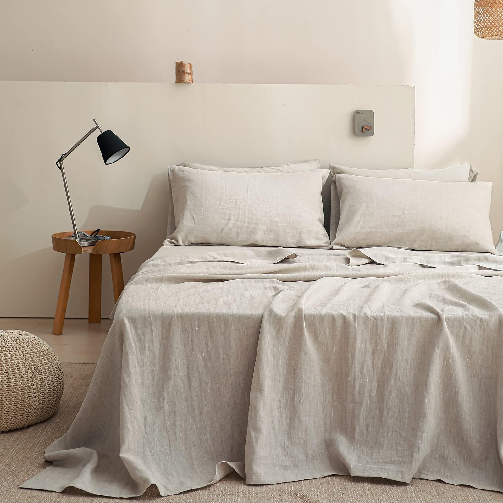 Simple&Opulence 100% Linen Sheets Queen Size Set, 4 Pcs Natural French Linen Bed Sheets, Breathable Soft Durable Bedding Set for All Season (Classic Blue, Queen)