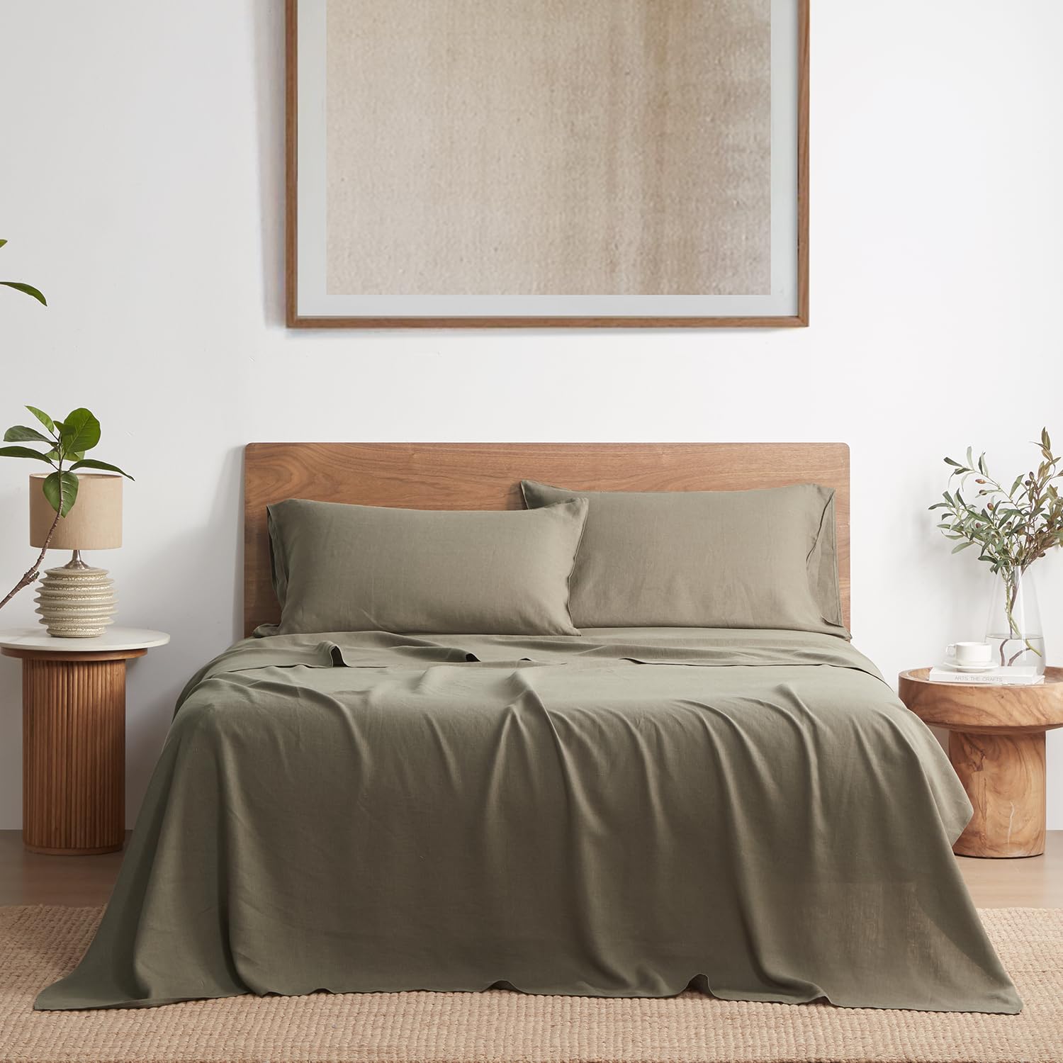 DAPU Pure Linen Sheets Set, 100% French Linen from Normandy, Breathable and Durable for Hot Sleepers, 4 Pcs Queen Size Sheets Set - 1 Flat Sheet, 1 Fitted Sheet, 2 Pillowcases (Natural Linen, Queen)
