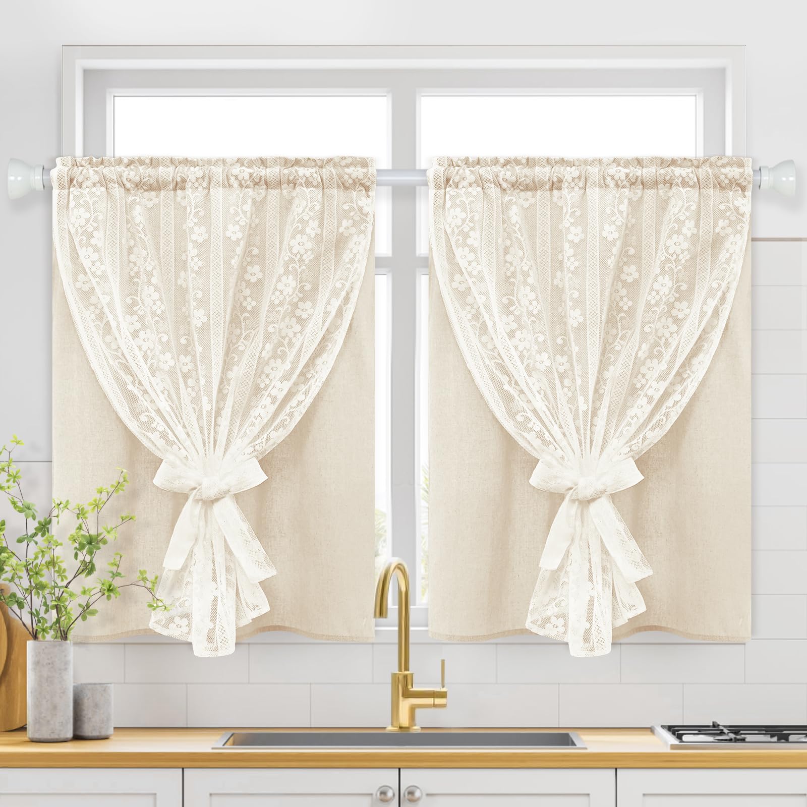 2-Panel 52×84" Beige Linen Curtains, Boho Farmhouse Window Drapes