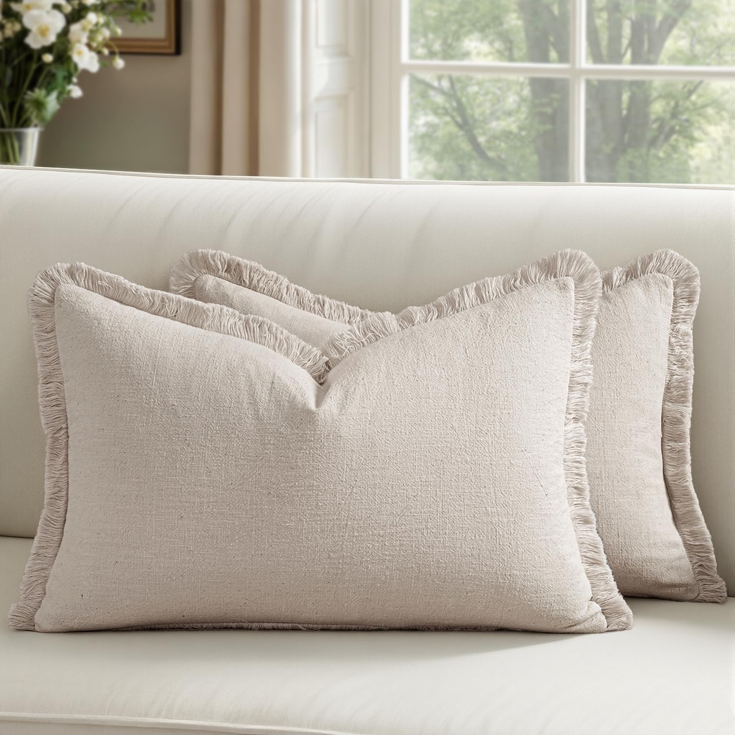Decorative Linen Fringe Throw Pillow Covers Boho Farmhouse Soft Euro Accent Pillowcases with Tassels for Bed Couch Sofa Living Room Bedroom,24x24 Inch Set of 2,Brown