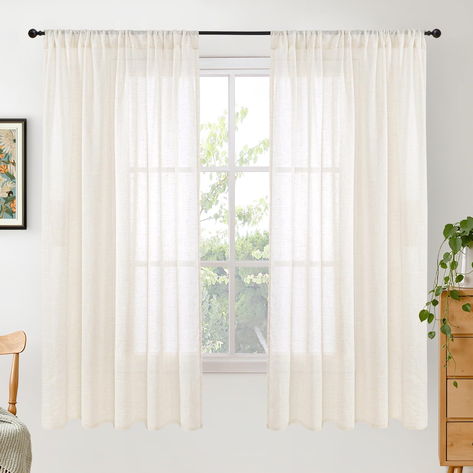BGment 90 Inches Long Curtains Linen Semi Sheer, Light Filtering Window Treatments Drapes with Rod Pocket Lightweight for Living Room Bedroom, 2 Panels, 52 Inch Wide Each Panel