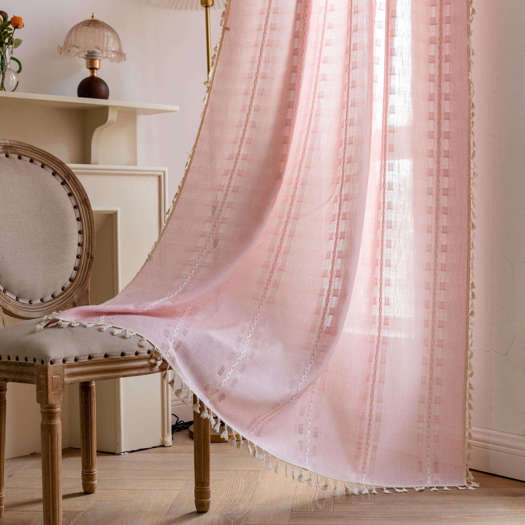 Dark Grey Boho Curtains for Living Room 84 inch Long 2 Panels, Chic Embroidered Semi Sheer Linen Farmhouse Light Filtering Drapes For Bedroom Privacy Striped Tassel Bohemian Window Decor,W52xL84