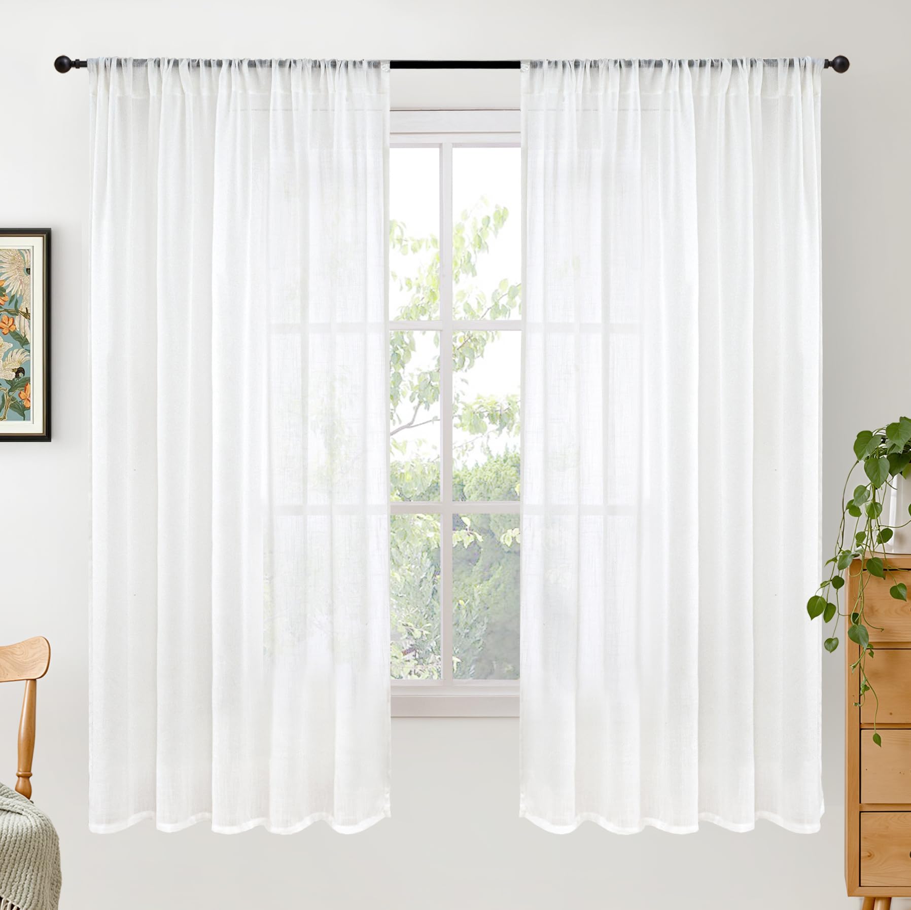 BGment 90 Inches Long Curtains Linen Semi Sheer, Light Filtering Window Treatments Drapes with Rod Pocket Lightweight for Living Room Bedroom, 2 Panels, 52 Inch Wide Each Panel