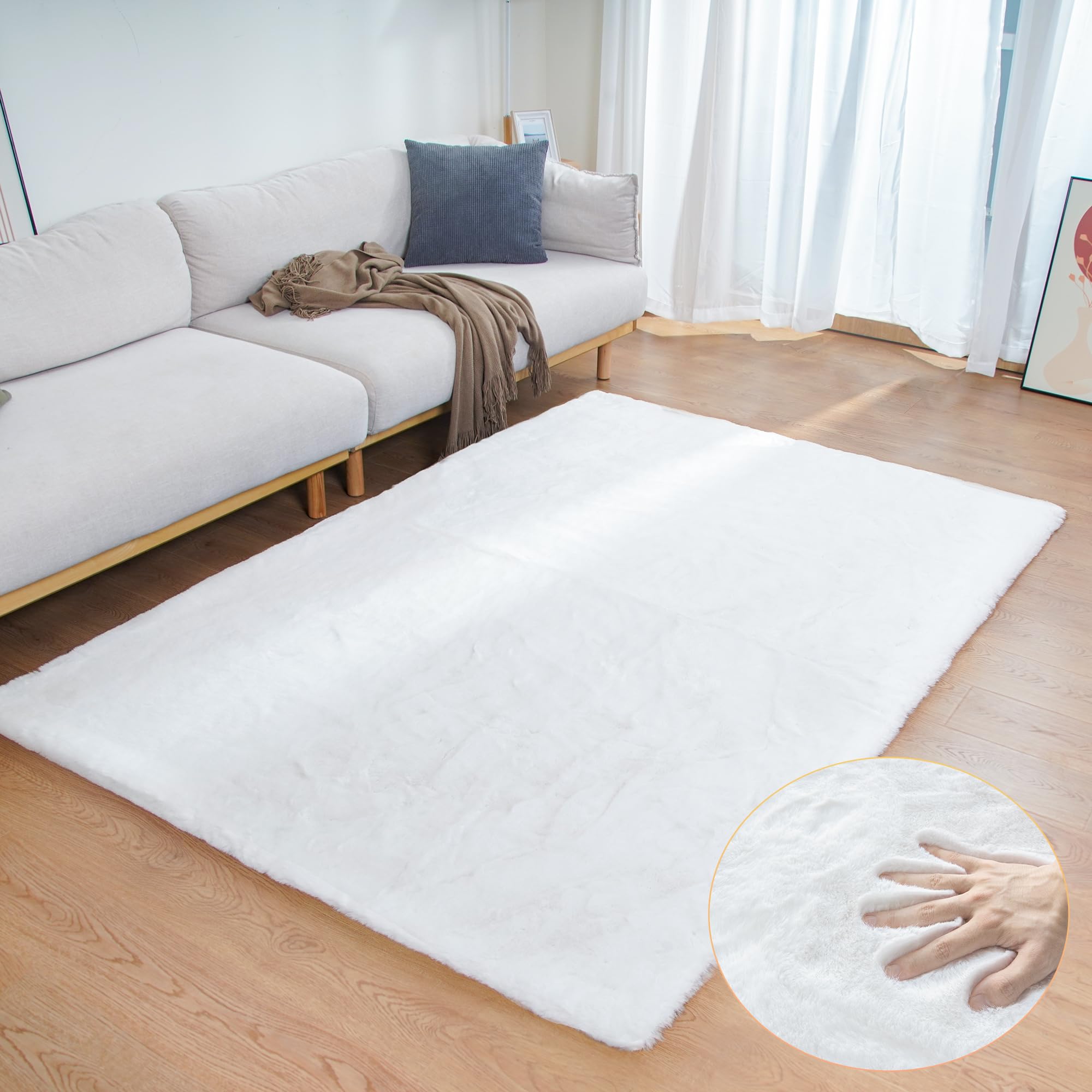 ORINOVA White Faux Rabbit Fluffy Fur Rugs for Bedroom Machine Washable Furry Area Rugs for Living Room Smal 2x4 Shag Runner Rug Nursery Rug