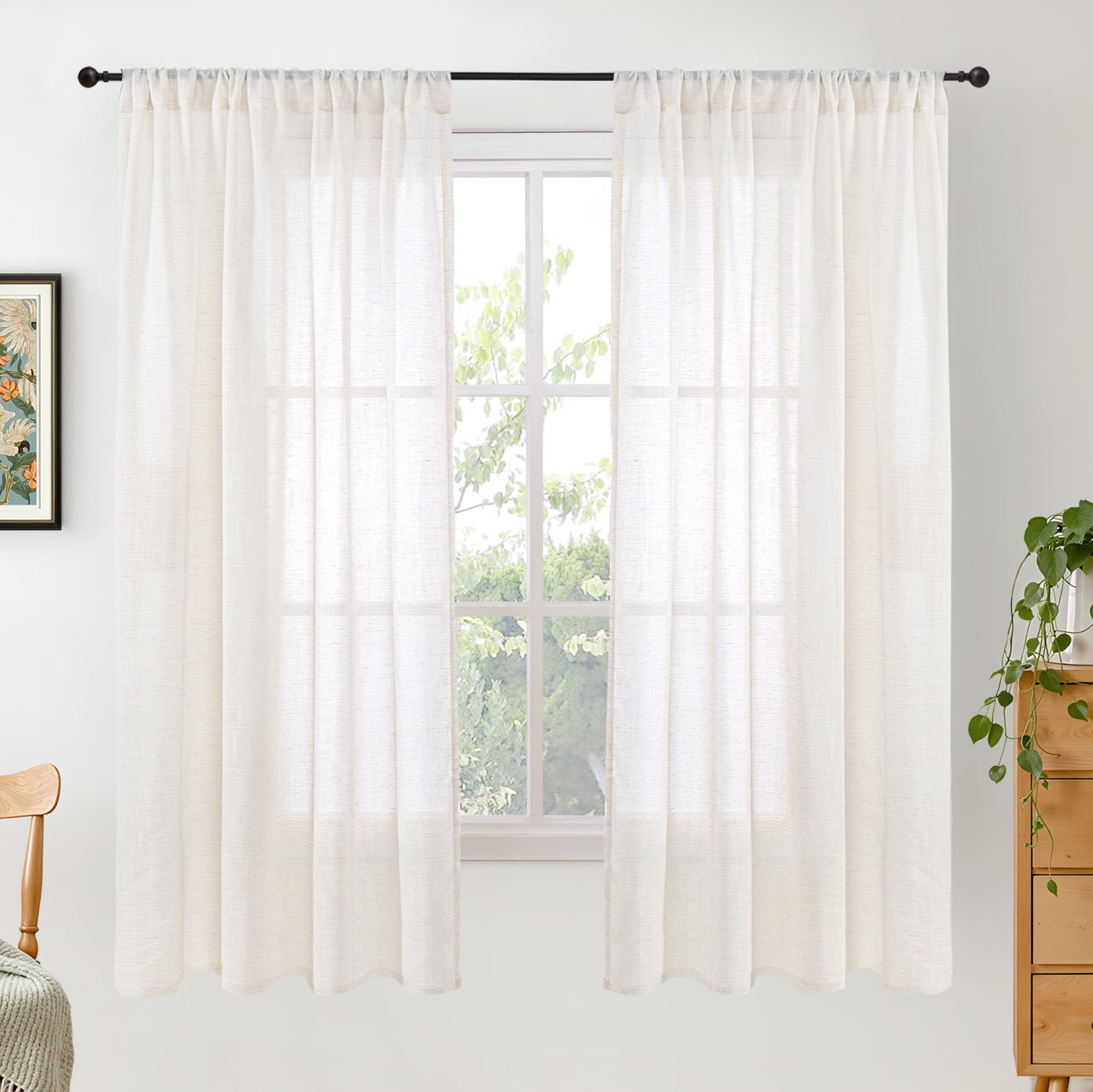 BGment 90 Inches Long Curtains Linen Semi Sheer, Light Filtering Window Treatments Drapes with Rod Pocket Lightweight for Living Room Bedroom, 2 Panels, 52 Inch Wide Each Panel