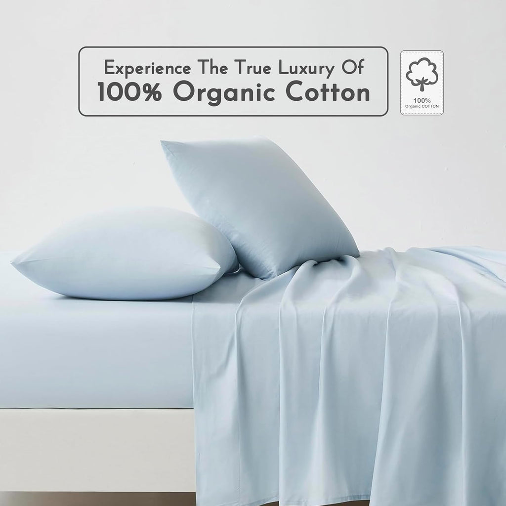 Linen Closet 100% Organic Cotton Queen Sheets Set, 4 Pieces, Light Blue - Percale Bed Sheets & Pillowcases Set - Up To 16" Deep Pocket Fitted Sheet - Cooling, Crisp & Breathable - For Hot Sleepers
