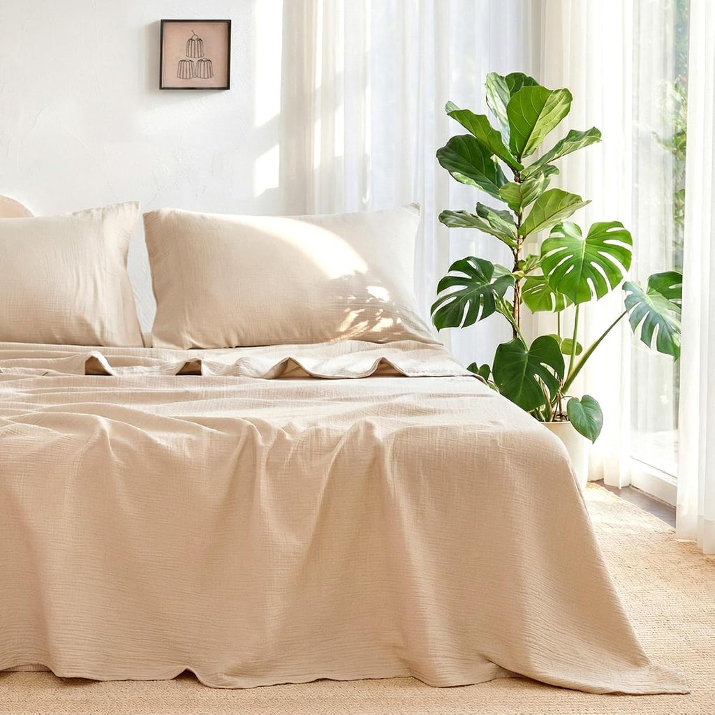 LUTBM King Sheet Set 100% Cotton Bed Sheets Gauze 4 Pcs Muslin Linen Sheets Set 16" Deep Pocket Sheet & Pillowcase Sets Breathable Boho King Soft Bedding Sets for All Season