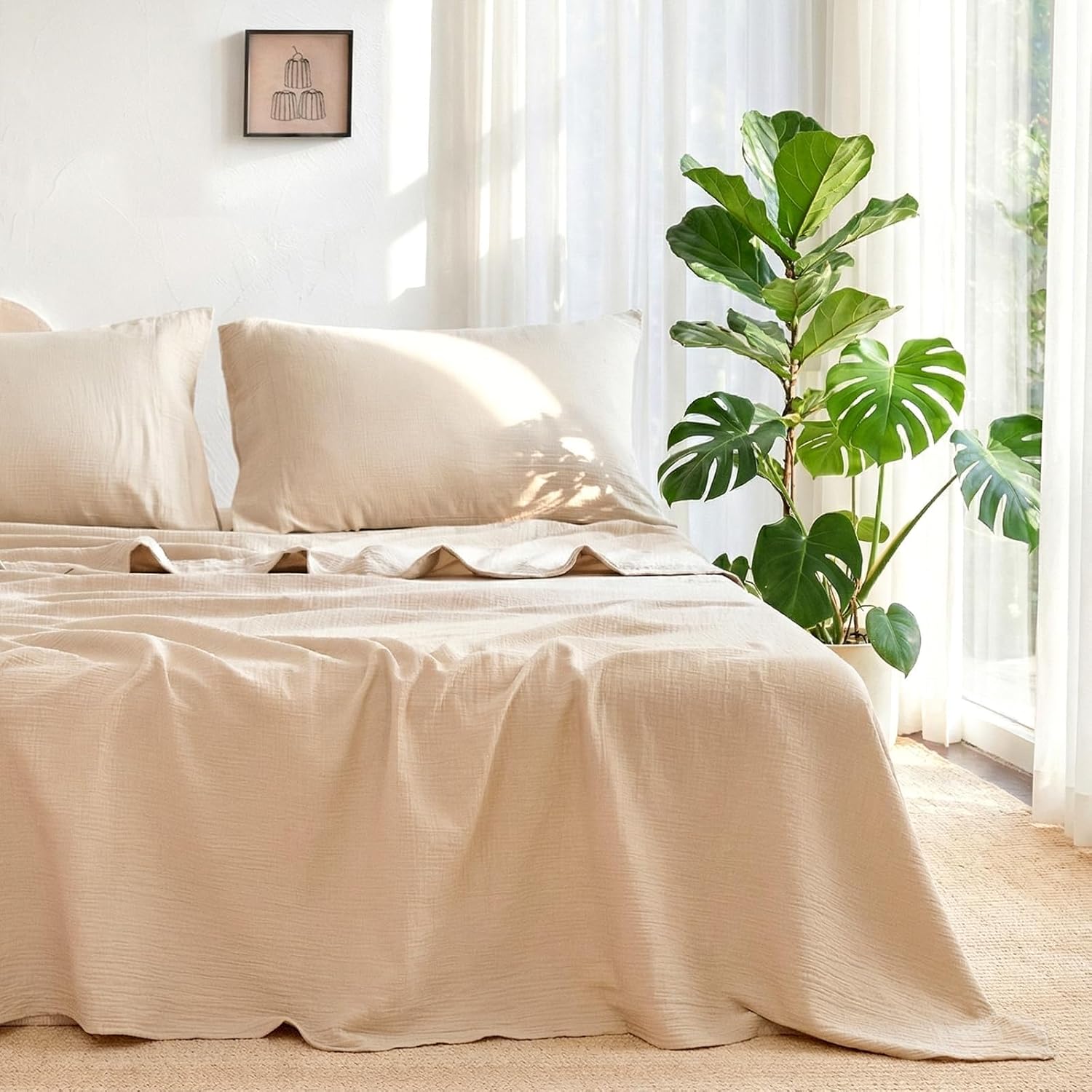LUTBM King Sheet Set 100% Cotton Bed Sheets Gauze 4 Pcs Muslin Linen Sheets Set 16" Deep Pocket Sheet & Pillowcase Sets Breathable Boho King Soft Bedding Sets for All Season
