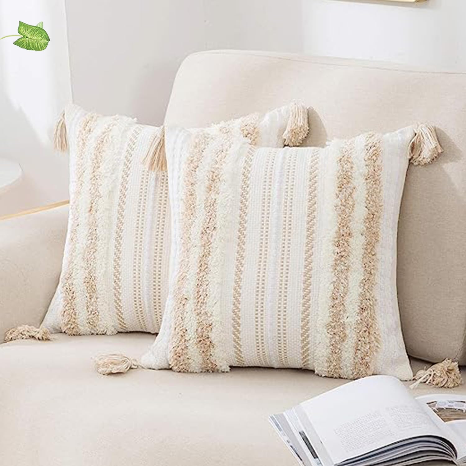 decorUhome Summer Decorative Boho Throw Pillow Covers 18x18 Set of 2, Accent Neutral Textured Tufted Pillow Covers Striped for Couch Bed Sofa Living Room, Khaki and Cream White