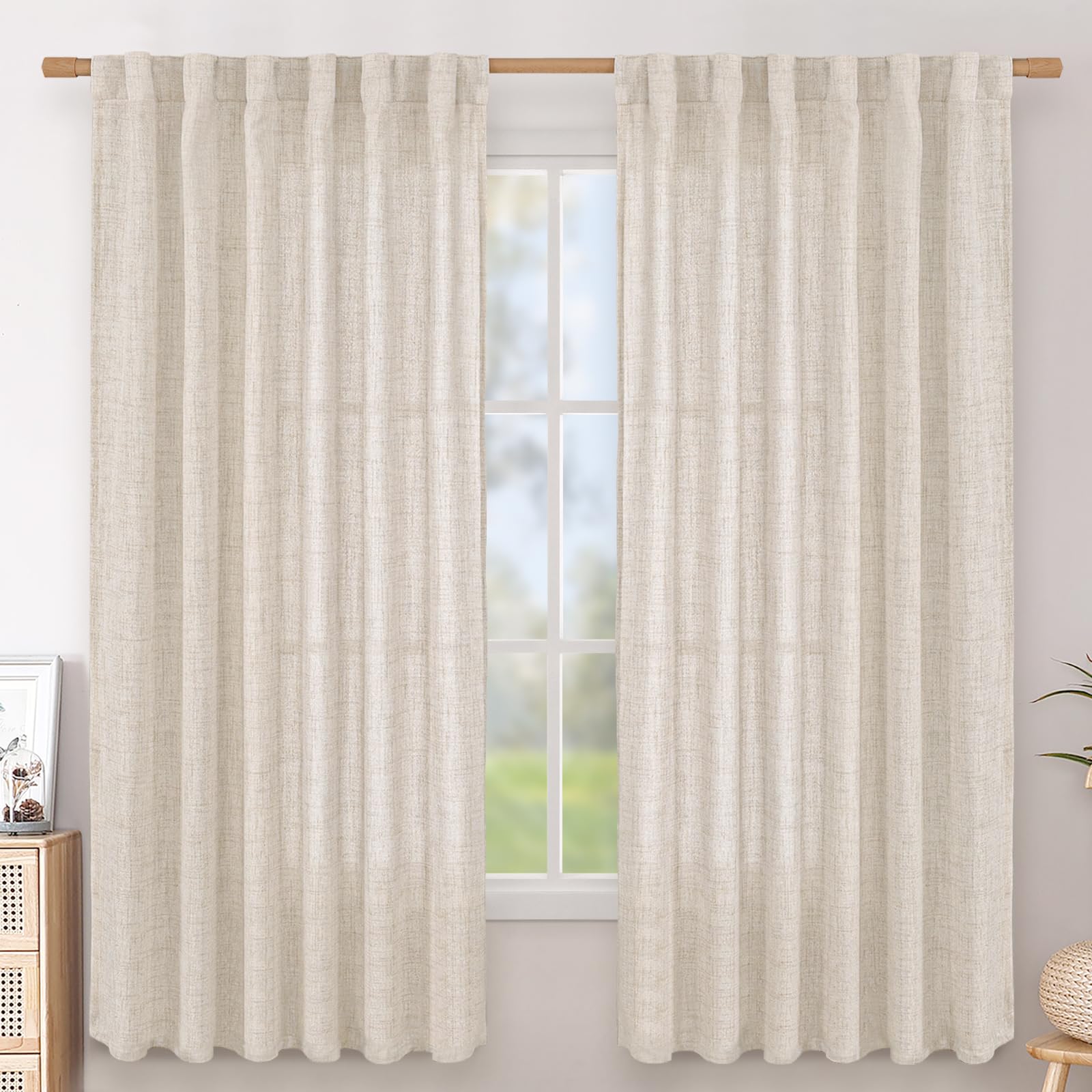 BGment Natural Linen Semi Sheer Curtains 96 Inch Length 2 Panels for Living Room, Beige Light Filtering Window Drapes with Rod Pocket Back Tab Extre Long for Dining Bedroom, 52 X 96 Inch
