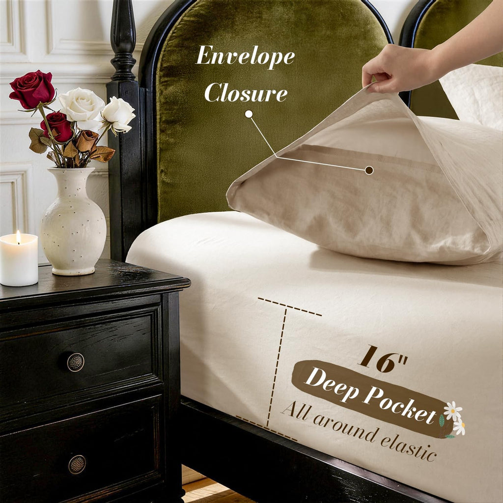 SONORO KATE 100% French Pure Linen Sheets, Breathable and Durable Linen King Size Sheets, Anti-Tear Linen Bed Sheets, Machine Washable, 16 Inch Deep Pocket - 4 Piece (Natural Linen, King)
