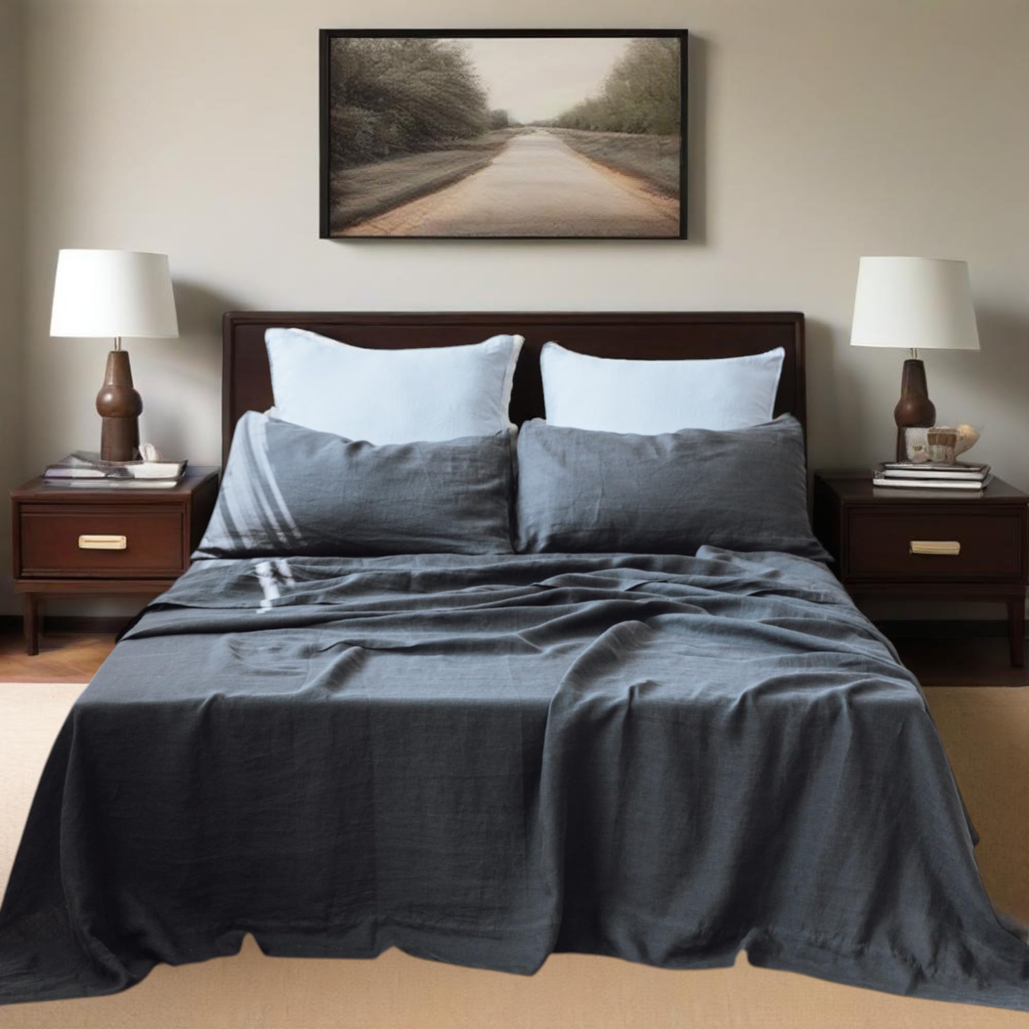 Simple&Opulence 100% Linen Sheets Queen Size Set, 4 Pcs Natural French Linen Bed Sheets, Breathable Soft Durable Bedding Set for All Season (Classic Blue, Queen)