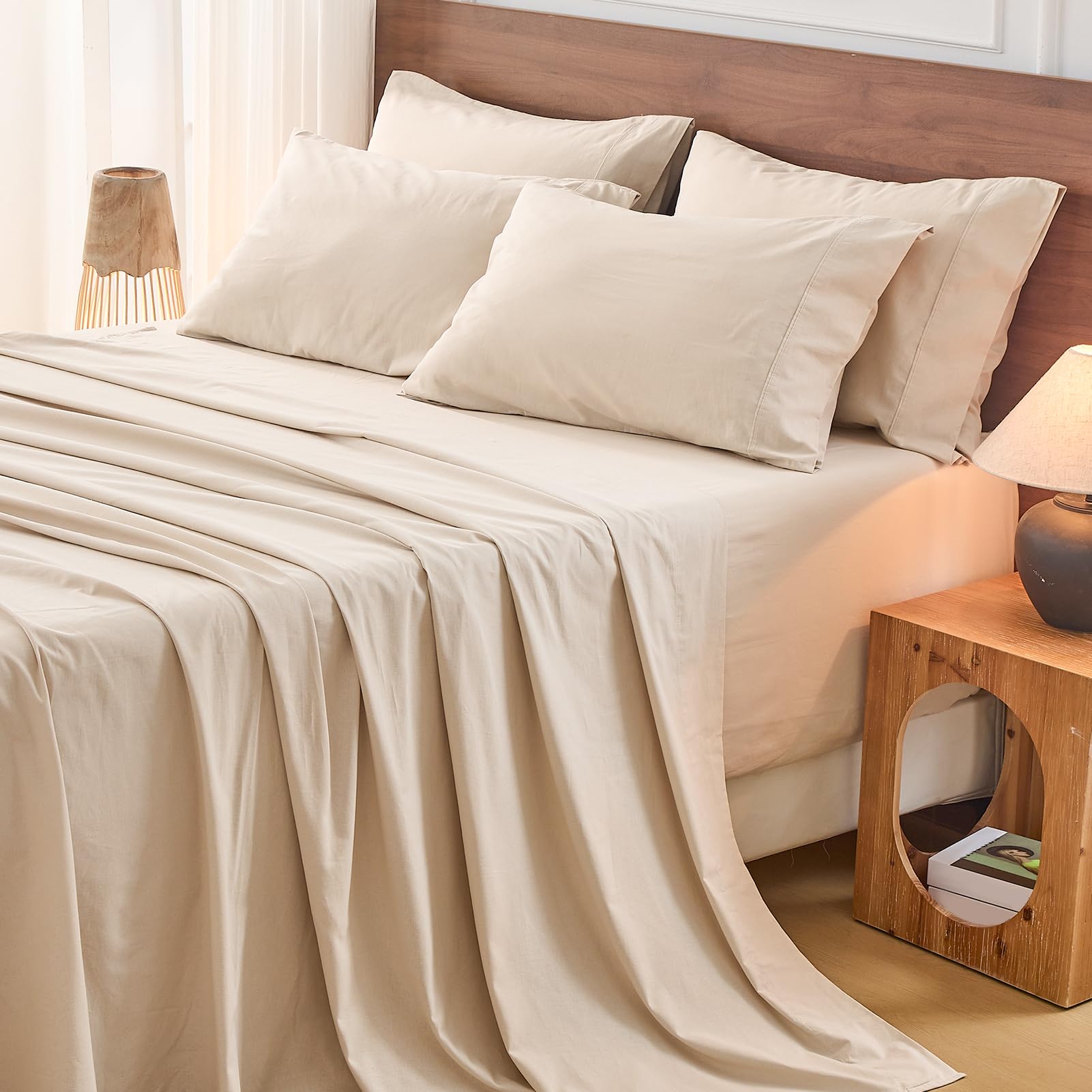 Bedlifes 100% French Pure Linen Sheets Queen Size Breathable and Cooling Flax Sheet Set Soft Durable and Moisture Wicking 16 Inch Deep Pocket-4 Piece(Queen,Linen)