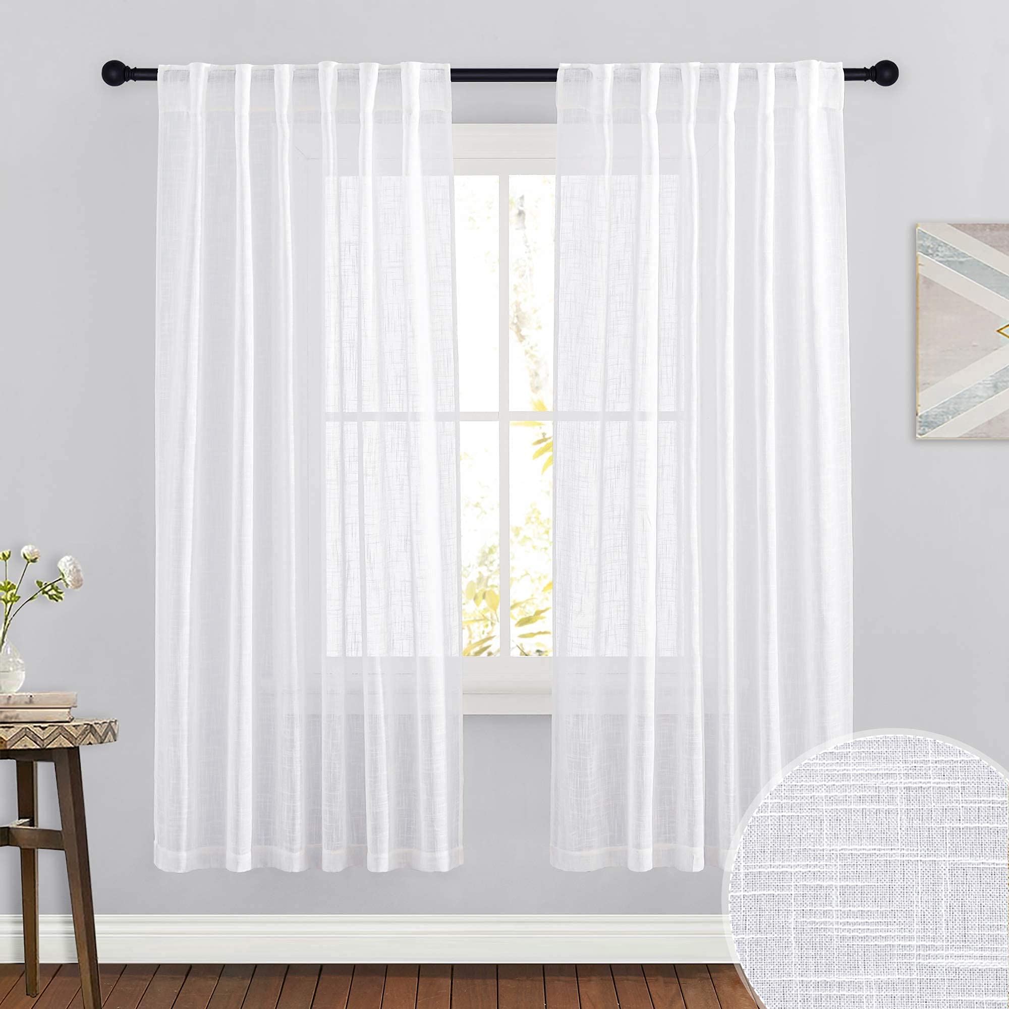 RYB HOME Linen Sheer Curtains and Drapes for Living Room 108 inches Length, Breathable Back Tab/Rod Pocket Semi Sheer Curtains, Oatmeal, W 52 x L 108 inches, 2 Panels Set