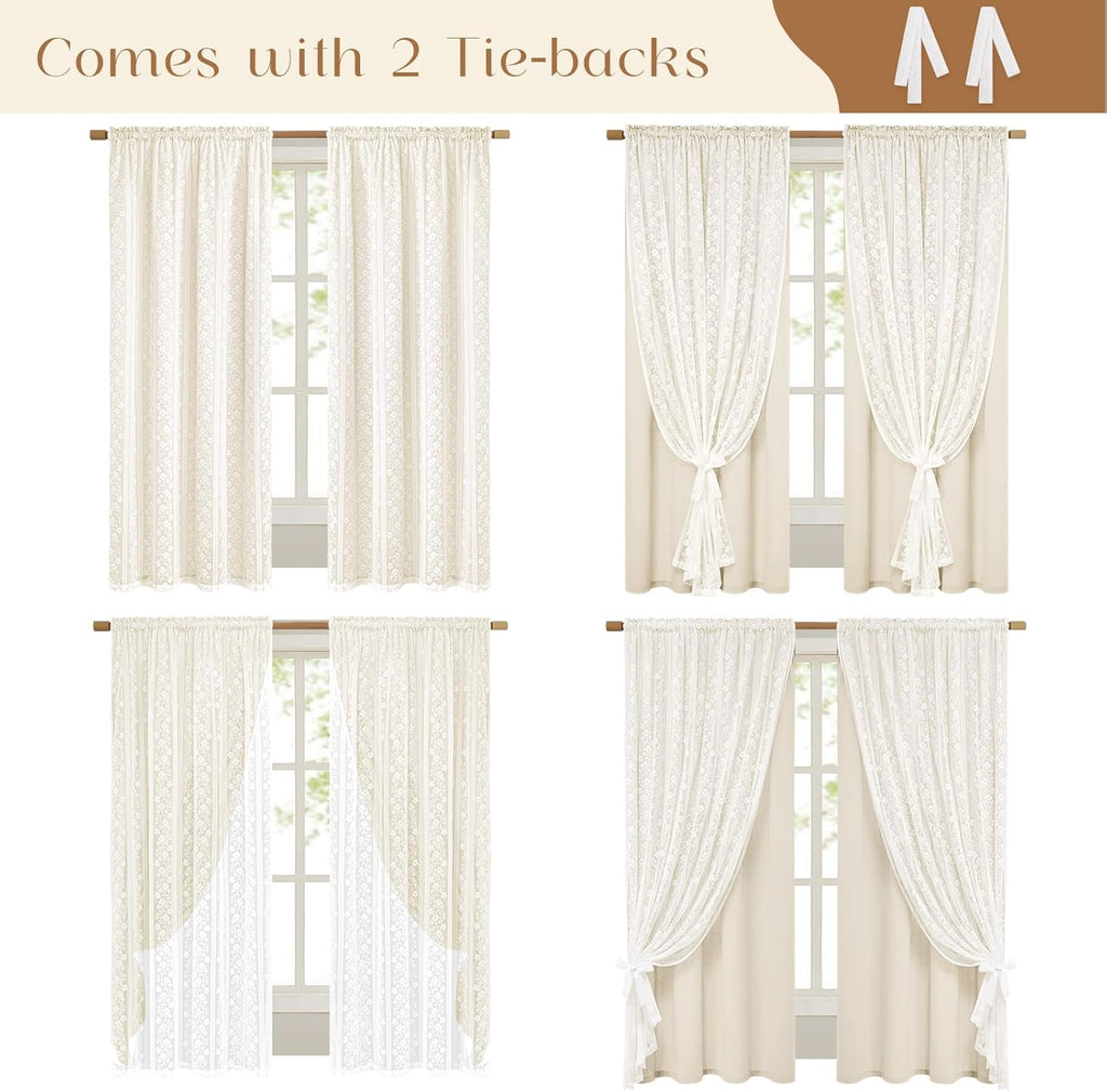 2-Panel 52×84" Beige Linen Curtains, Boho Farmhouse Window Drapes