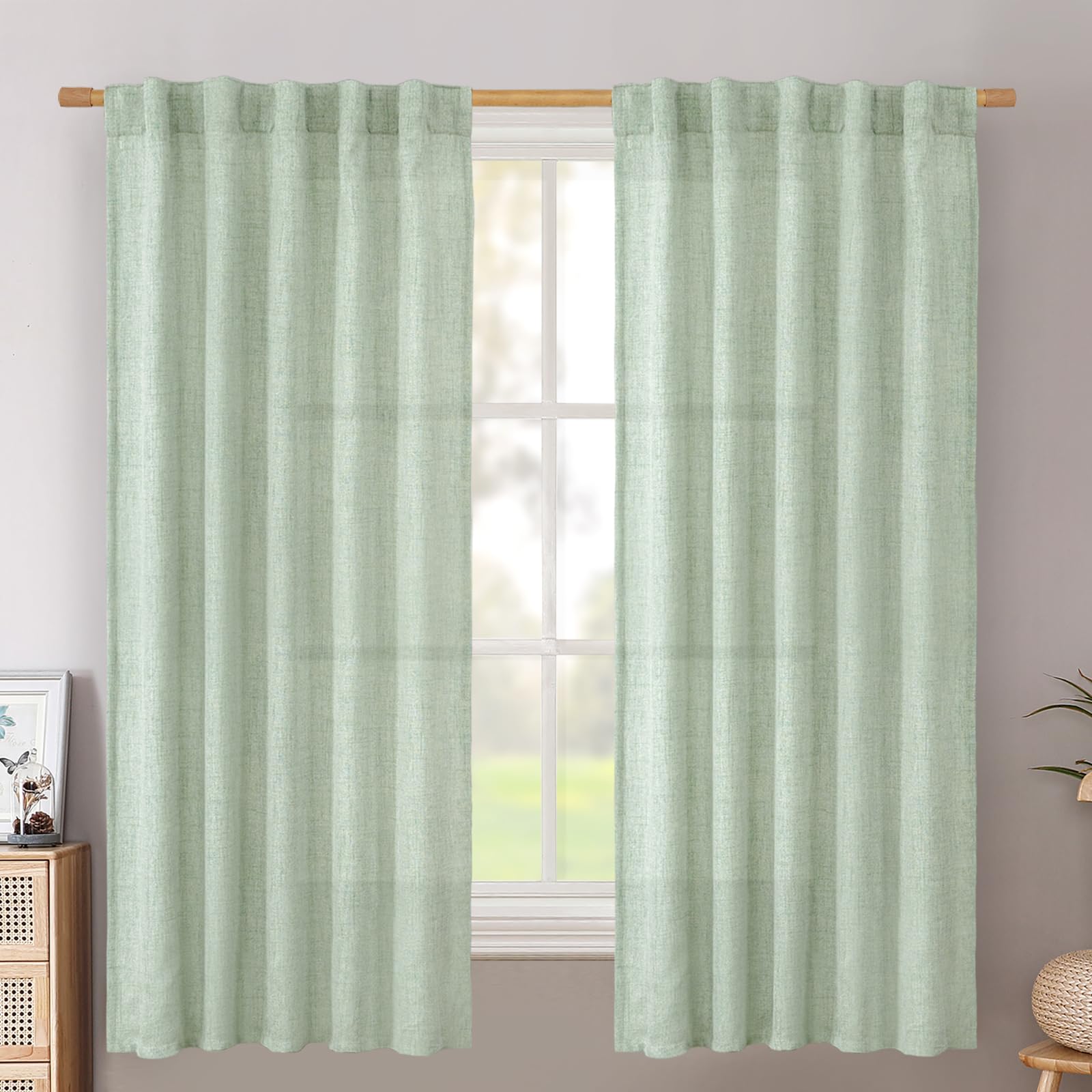 BGment Natural Linen Semi Sheer Curtains 96 Inch Length 2 Panels for Living Room, Beige Light Filtering Window Drapes with Rod Pocket Back Tab Extre Long for Dining Bedroom, 52 X 96 Inch