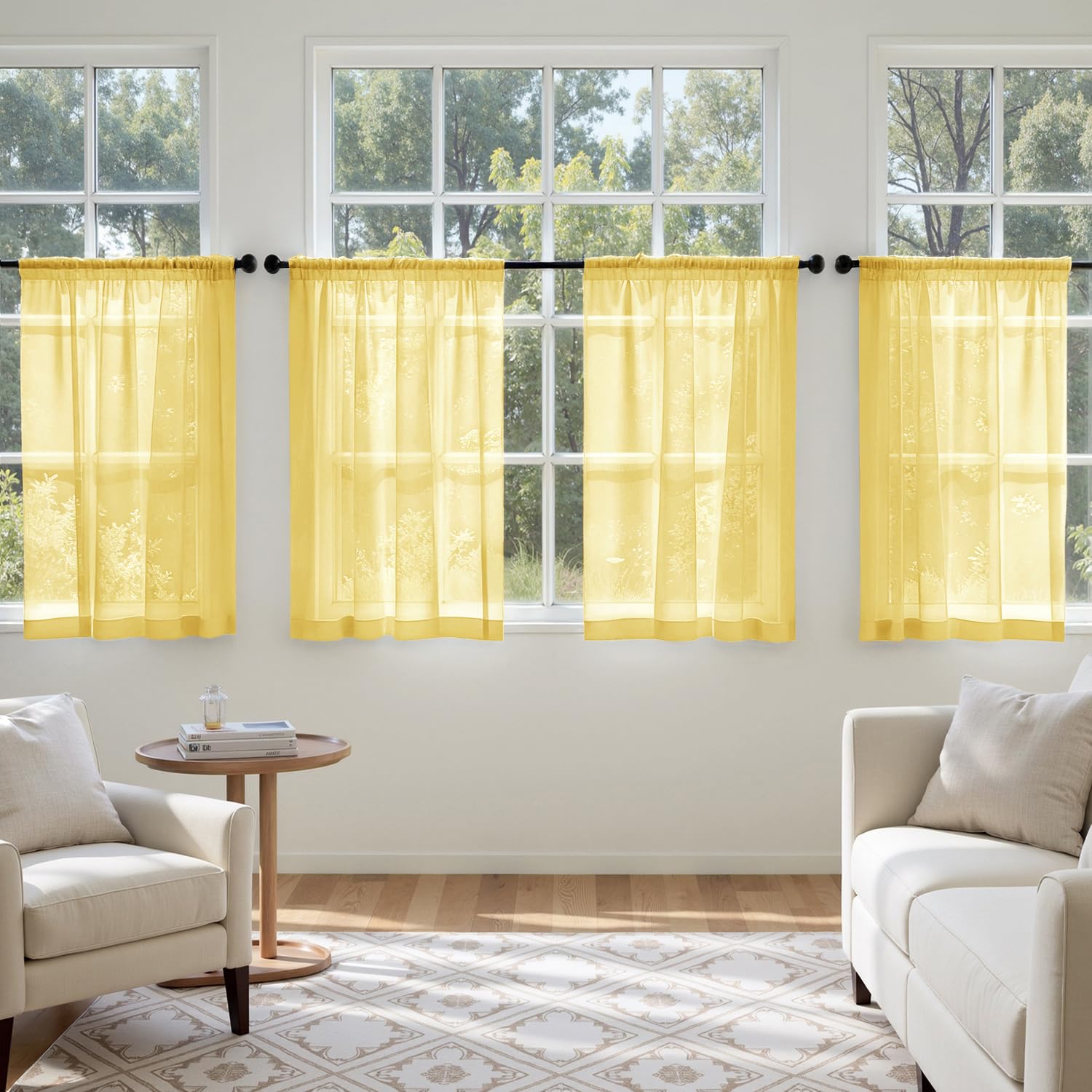 MIULEE Butter Cream Sheer Curtains 96 Inches Long, 4 Panels Set, Rod Pocket Voile Drapes Light Filtering and Semi Transparent, Elegant Window Treatments for Bedroom Living Room,42 x 96 Inches