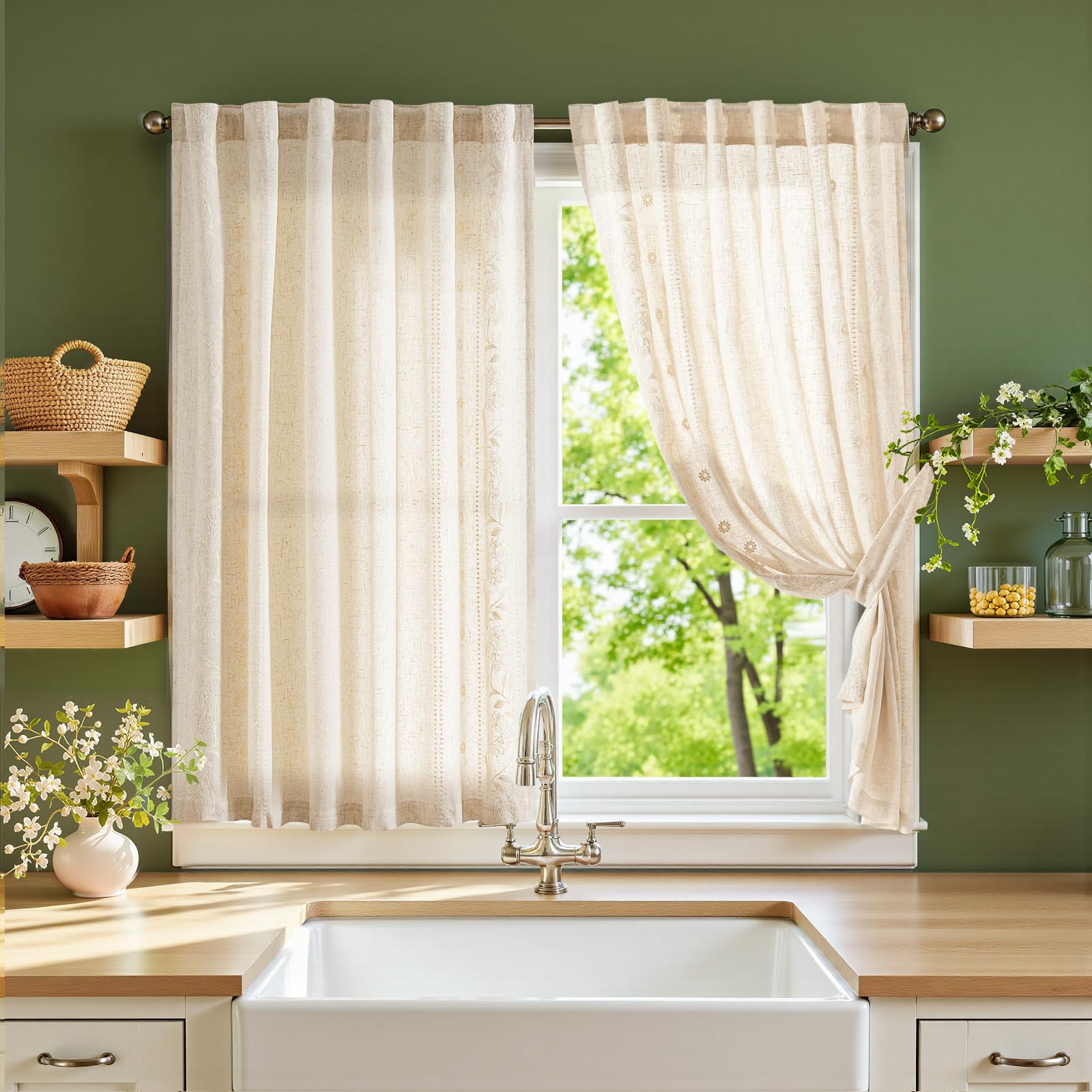 jinchan Winslow Linen Curtains for Bedroom 84 Inches Length Ivory on Taupe Embroidered Bordered Floral Curtains for Living Room Farmhouse Decor Light Filtering Window Treatments 2 Panels