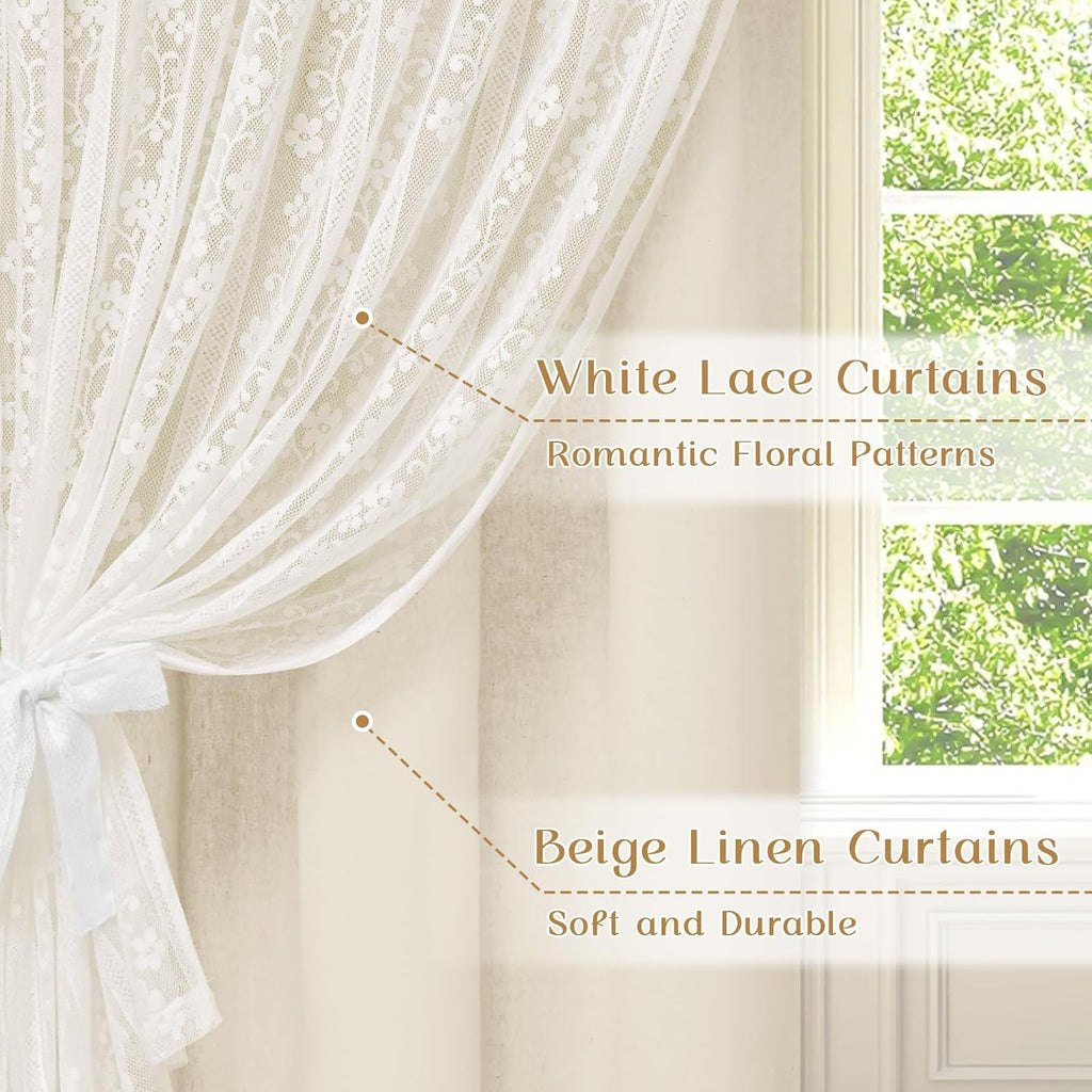 2-Panel 52×84" Beige Linen Curtains, Boho Farmhouse Window Drapes