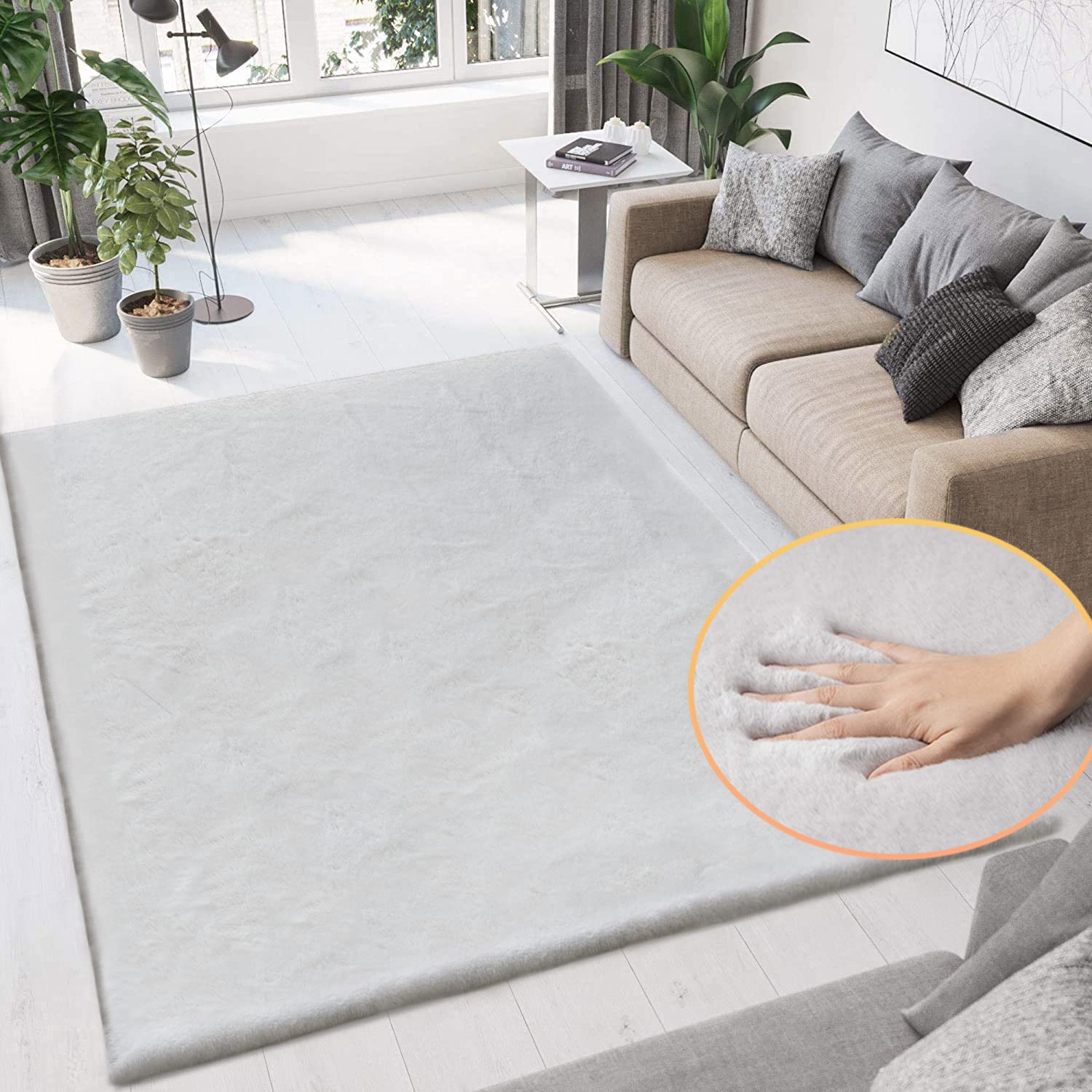 ORINOVA White Faux Rabbit Fluffy Fur Rugs for Bedroom Machine Washable Furry Area Rugs for Living Room Smal 2x4 Shag Runner Rug Nursery Rug