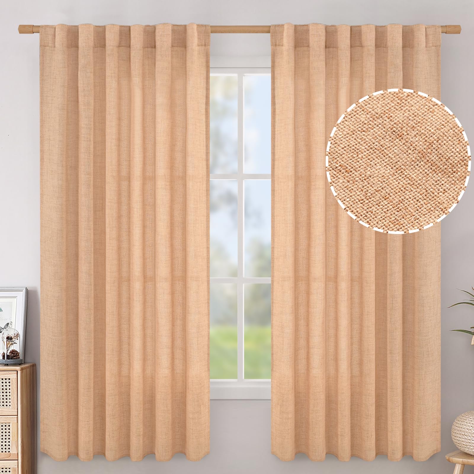 BGment Natural Linen Semi Sheer Curtains 96 Inch Length 2 Panels for Living Room, Beige Light Filtering Window Drapes with Rod Pocket Back Tab Extre Long for Dining Bedroom, 52 X 96 Inch