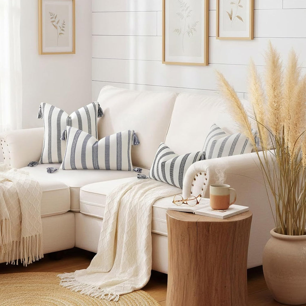 Smile Bee Boho Outdoor Couch Throw Pillow Covers Set of 2 Decorative Thick Woven Striped Accent Neutral Pillow Covers with Tassels for Bed Sofa Home Decor 20x20 Inch, Navy Blue and Cream White