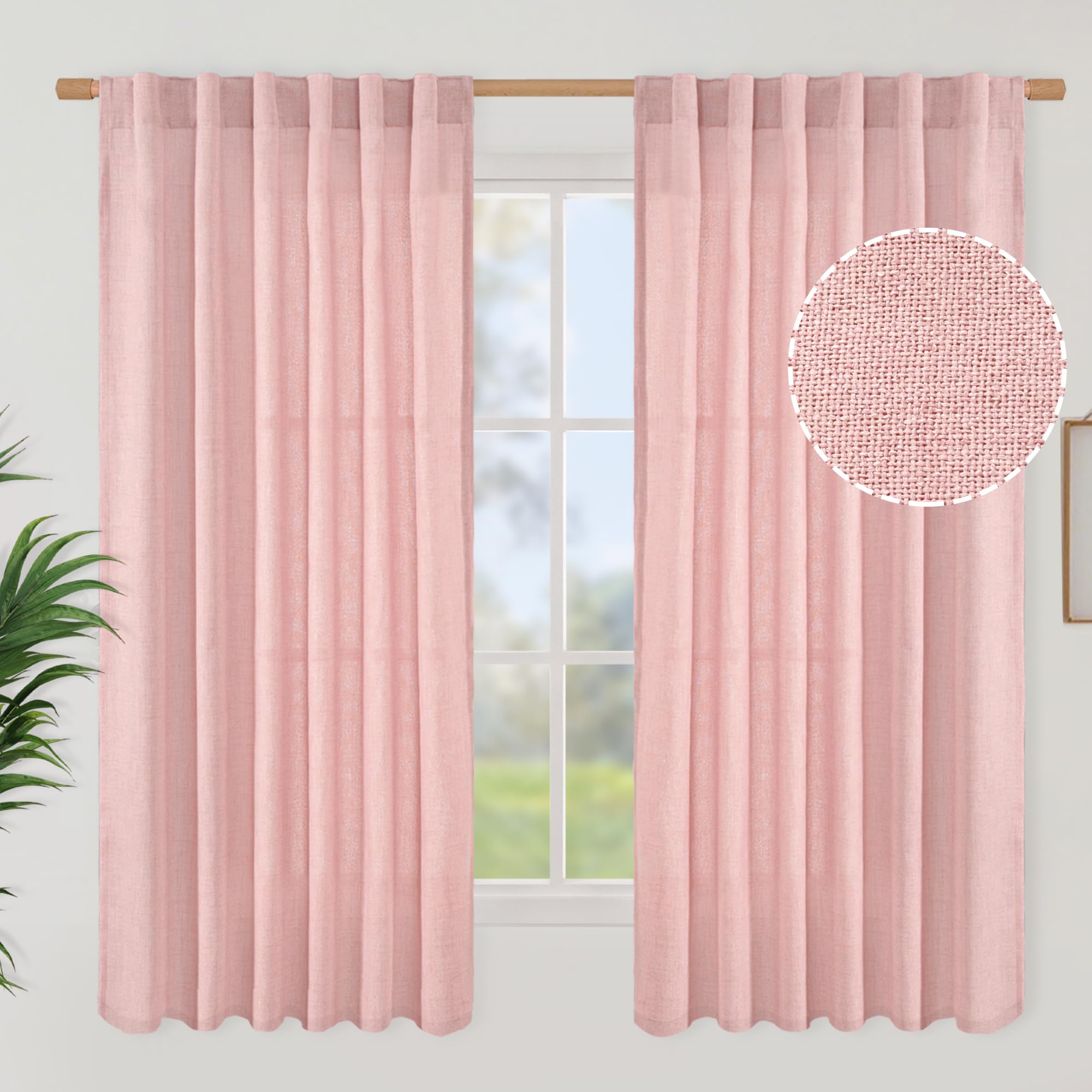 BGment Natural Linen Semi Sheer Curtains 96 Inch Length 2 Panels for Living Room, Beige Light Filtering Window Drapes with Rod Pocket Back Tab Extre Long for Dining Bedroom, 52 X 96 Inch