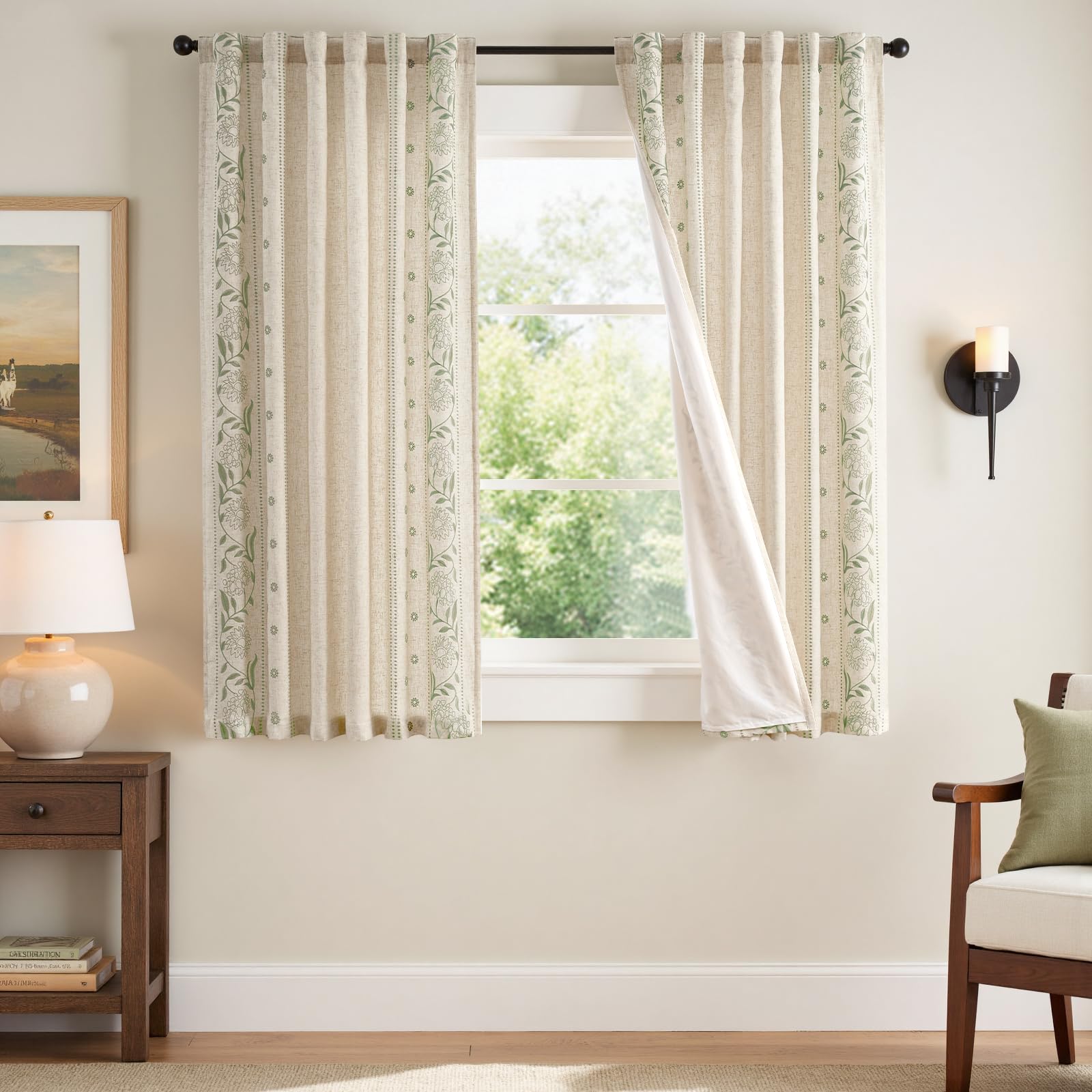 jinchan Winslow Linen Curtains for Bedroom 84 Inches Length Ivory on Taupe Embroidered Bordered Floral Curtains for Living Room Farmhouse Decor Light Filtering Window Treatments 2 Panels