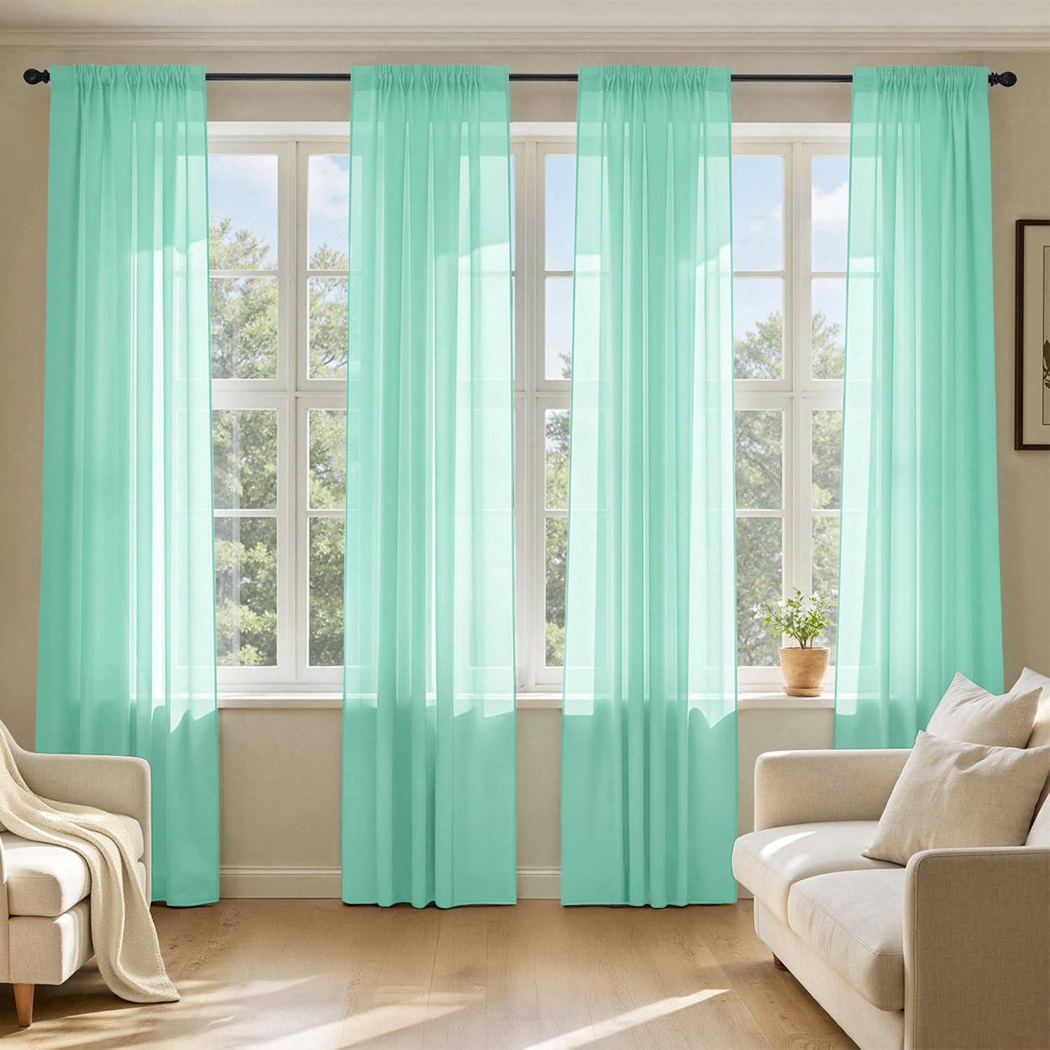 MIULEE Butter Cream Sheer Curtains 96 Inches Long, 4 Panels Set, Rod Pocket Voile Drapes Light Filtering and Semi Transparent, Elegant Window Treatments for Bedroom Living Room,42 x 96 Inches